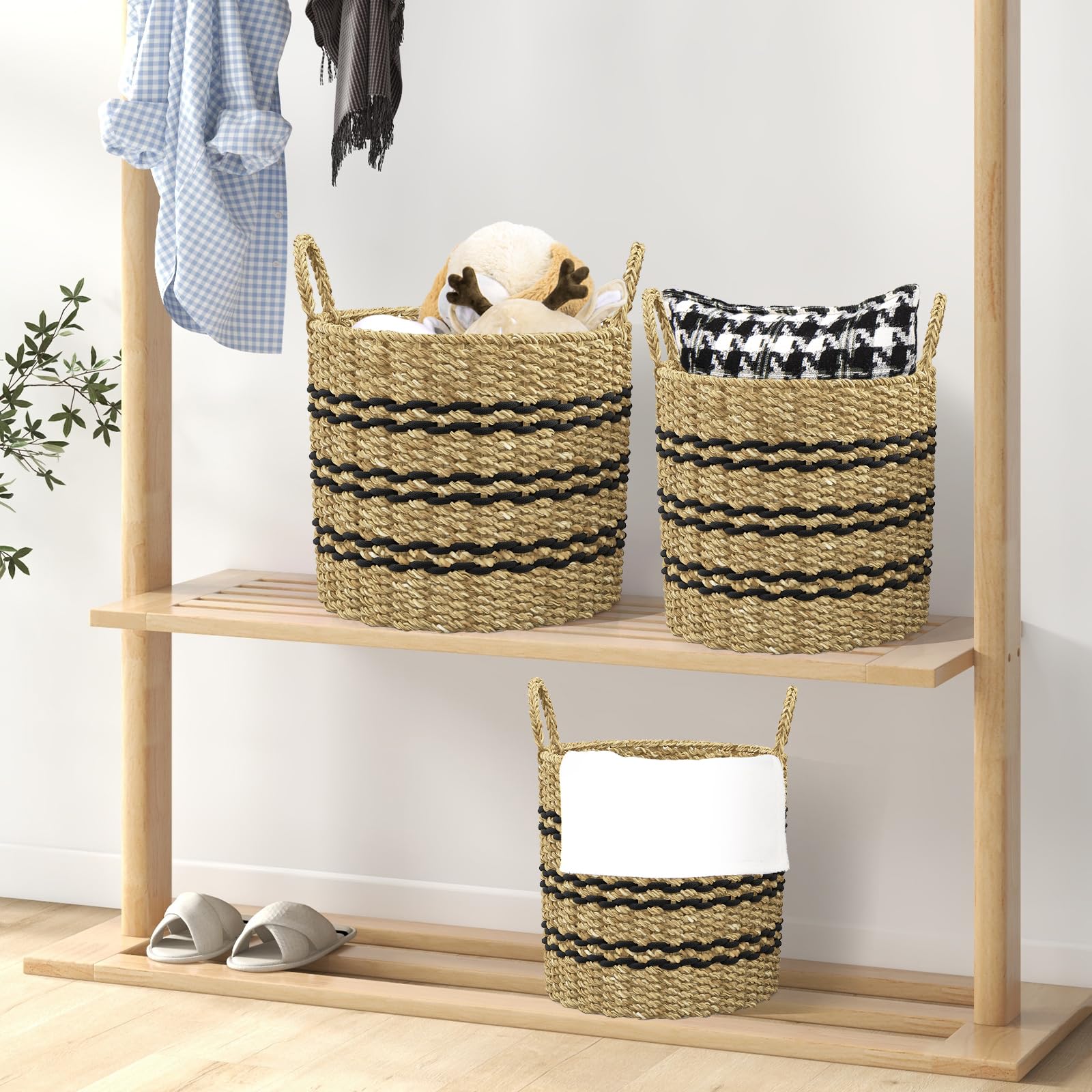 Giantex Woven Laundry Basket - Set of 3 Stackable Laundry Hamper with Handles, 1 Large, 1 Medium & 1 Small Storage Baskets