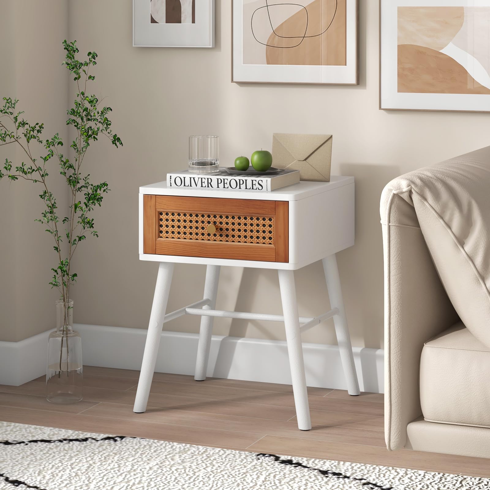 Giantex Rattan Nightstand, Mid Century Modern End Table with Handwoven Rattan Decorated Drawer