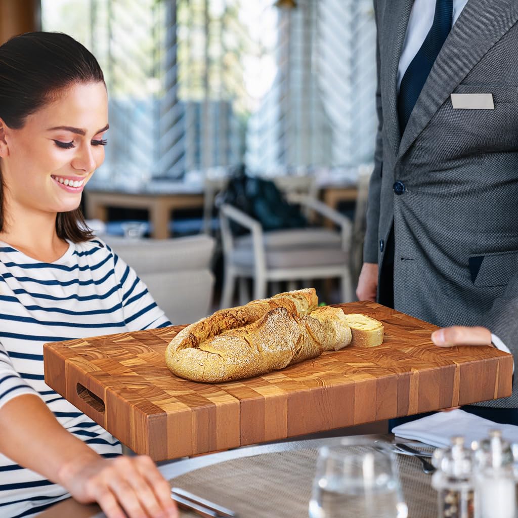 Giantex Teak Wood Cutting Board, 18" End Grain Chopping Block with Hand Grip, Pre-Conditioned With Natural Waxes & Oils