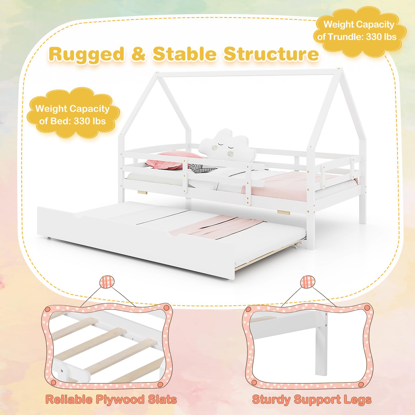 Giantex Twin House Bed with Trundle, Wood Kids Bed Frame with Roof & Fence Rails