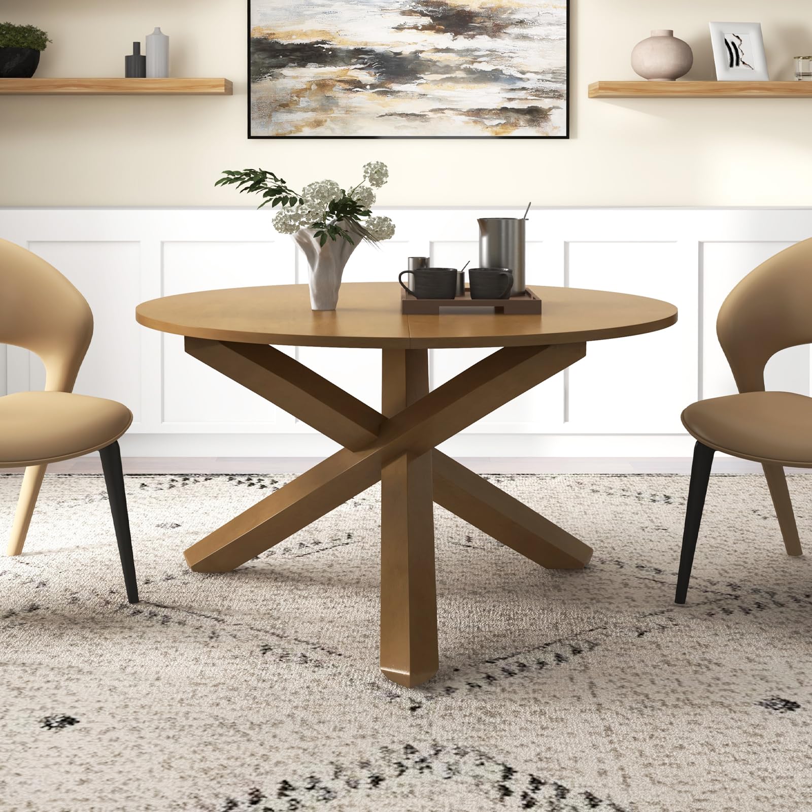 Giantex 47" Round Dining Table, Mid Century Modern Round Kitchen Table w/Solid Acacia Wood Legs, Adjustable Foot Pads