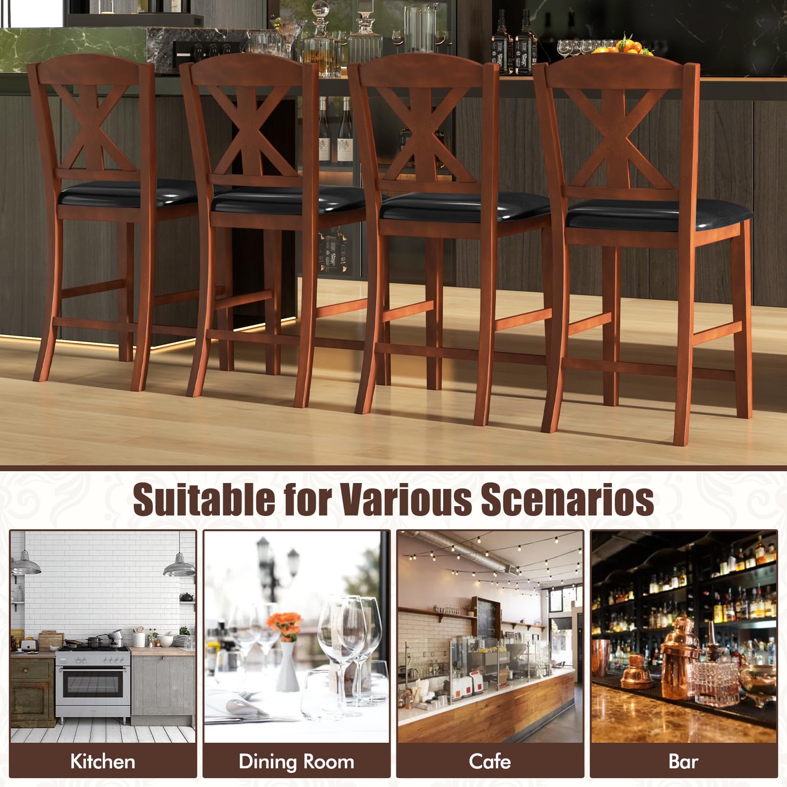 Giantex Wood Bar Stools Set, 24" Upholstered Counter Height Bar Chairs w/Hollowed High Back