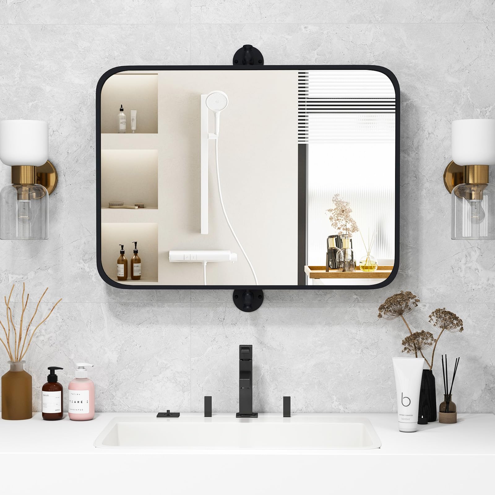 CHARMAID Pivot Mirror for Bathroom - 30'' x 22'' Tilt Beveled Vanity Mirror Black Metal Framed