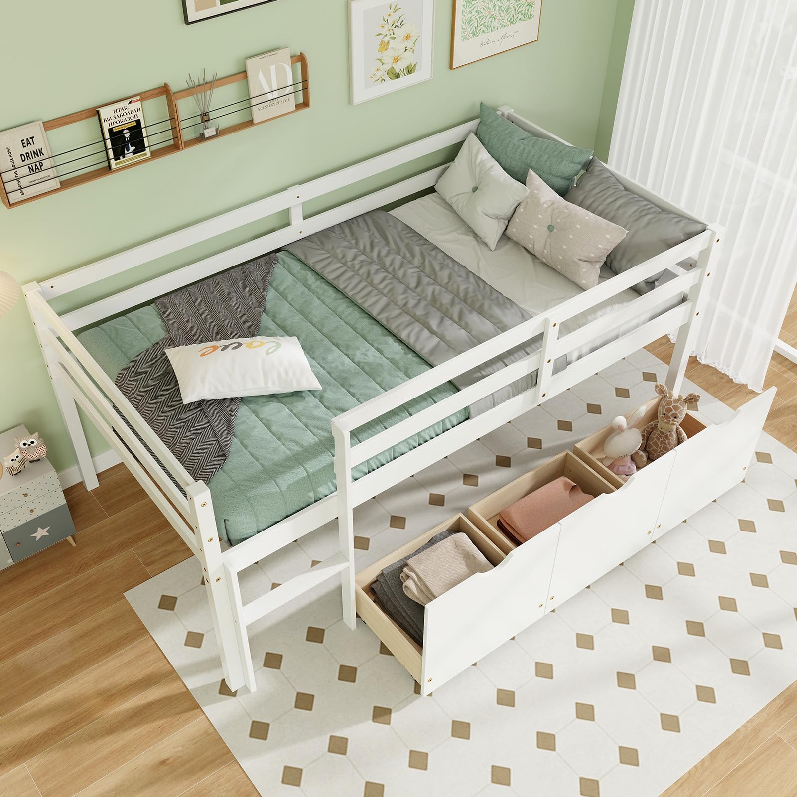 Giantex Twin Low Loft Bed with 3 Drawers, Wooden Loft Bed Frame with Ladder & Full-length Guardrails