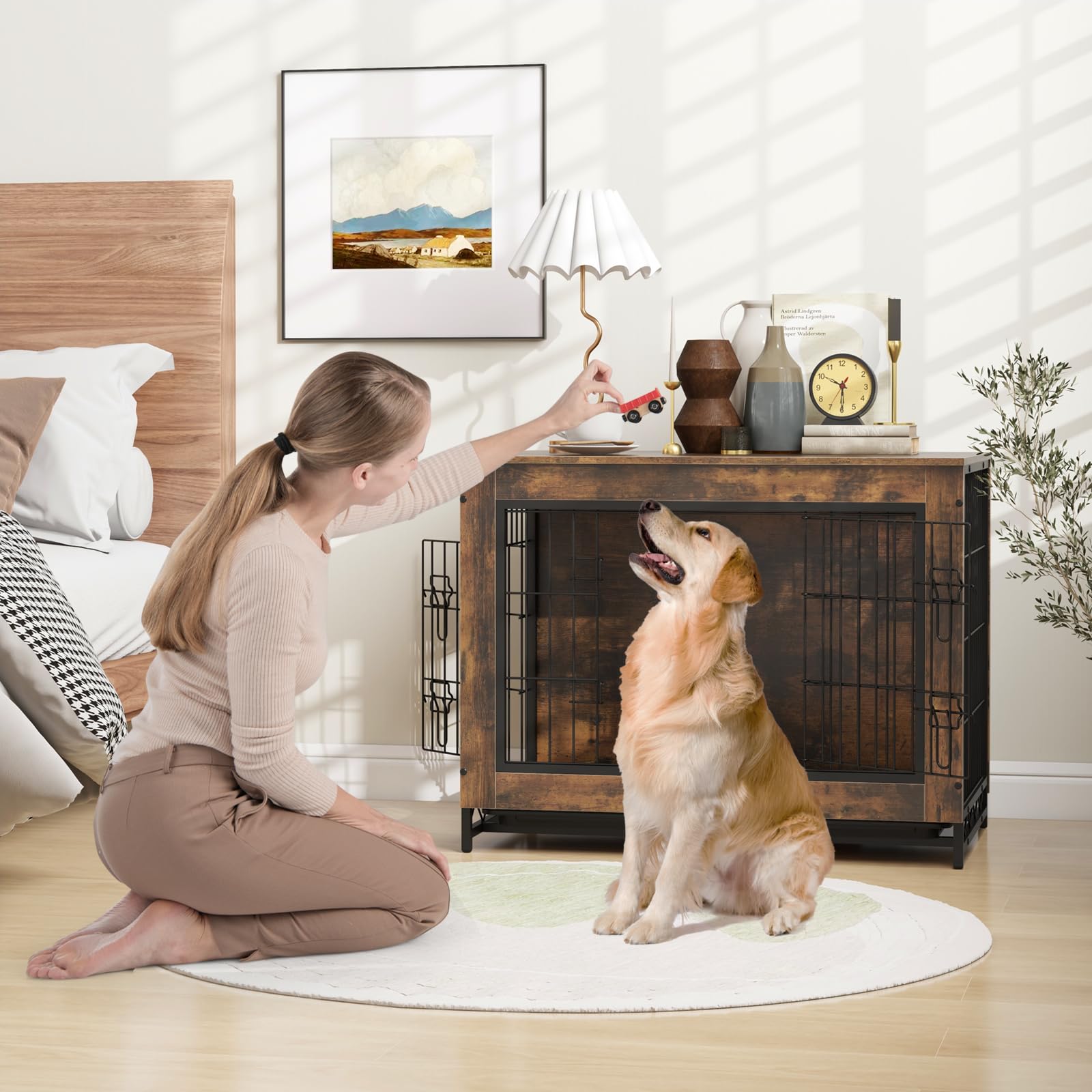 Giantex Dog Crate Furniture - Dog Kennel Side Table with Double Doors & Removable Pull-Out Tray