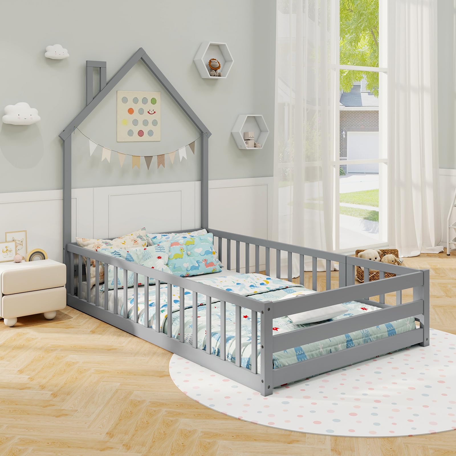 Giantex Twin Floor Bed, House-Shaped Montessori Bed Frame with Headboard, Full-Length Guardrail