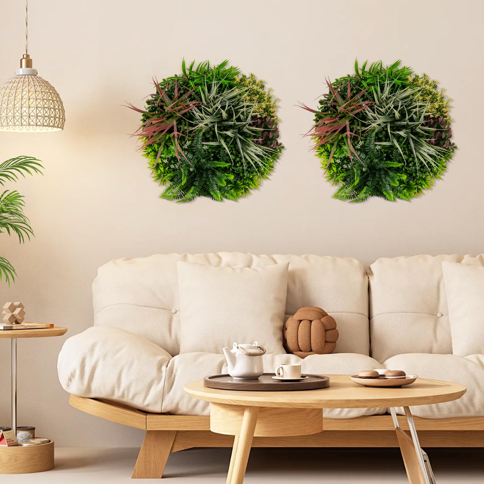 Giantex 2 Pack Hanging Artificial Plants Panels, 20" Round Framed 3D Greenery Wall Art Decor