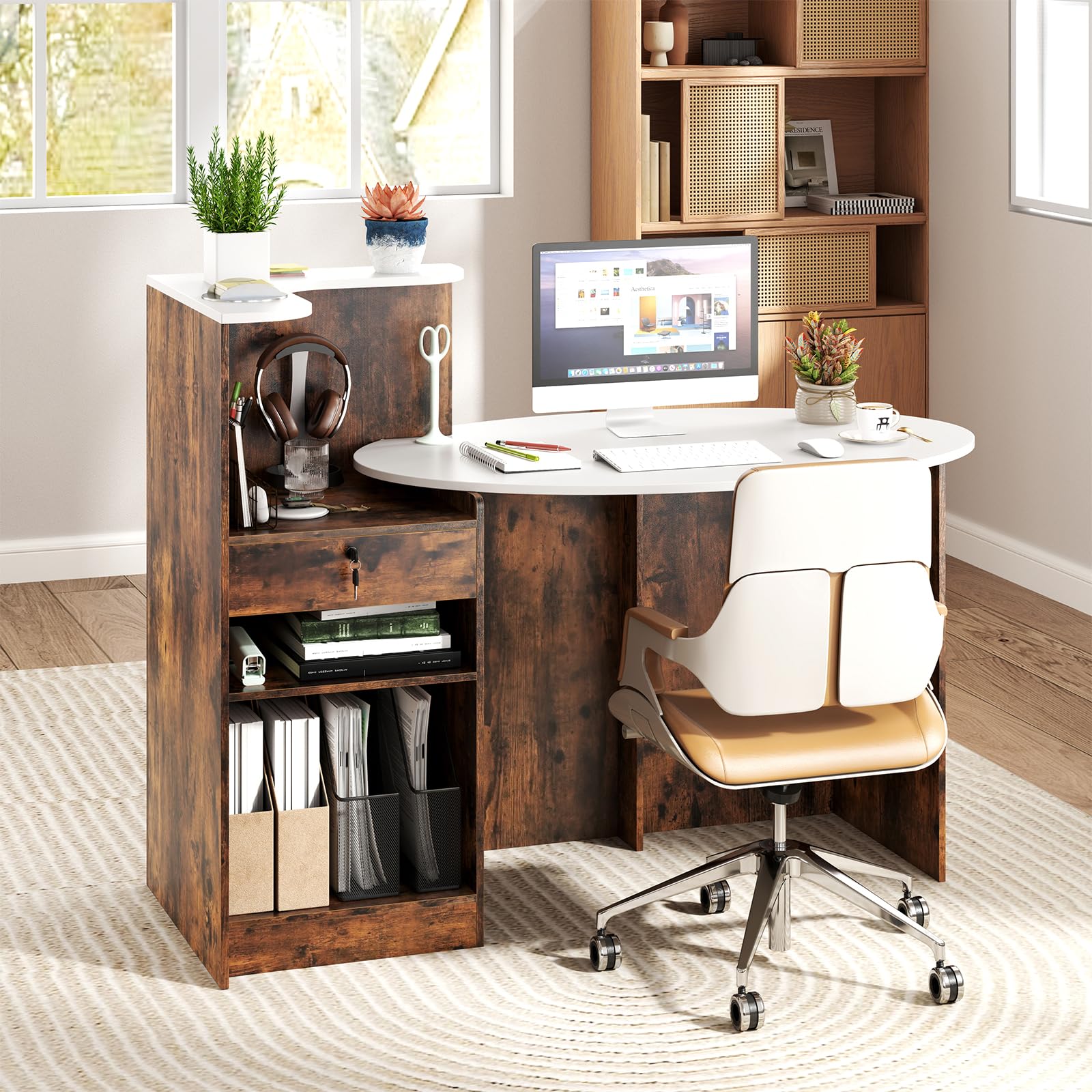 Giantex Reception Desk, Front Counter Desk with Lockable Drawer, Oval Tabletop & Adjustable Shelf