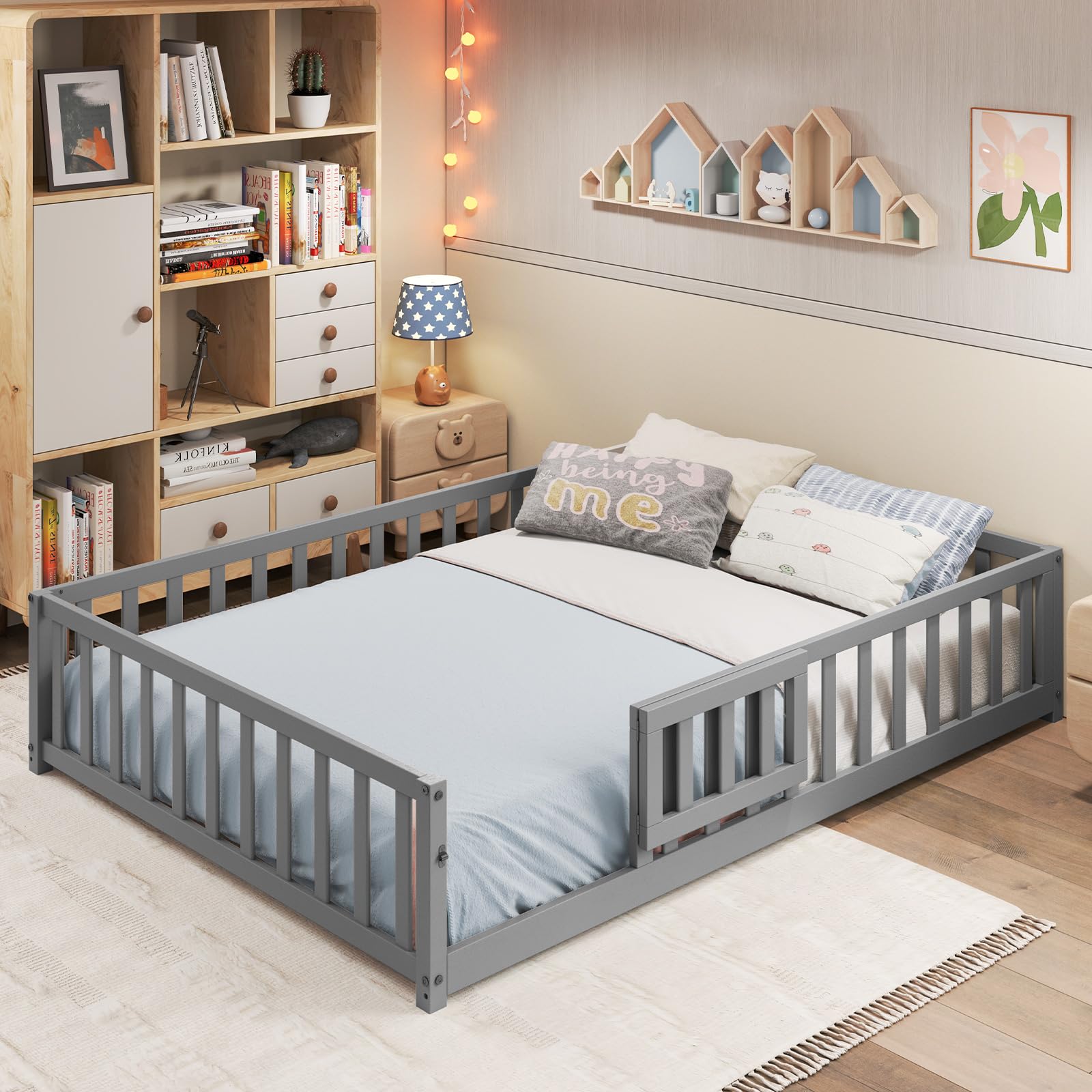 Giantex Full Size Floor Bed for Kids, Montessori Floor Bed with Wood Slats & Safety Guardrails