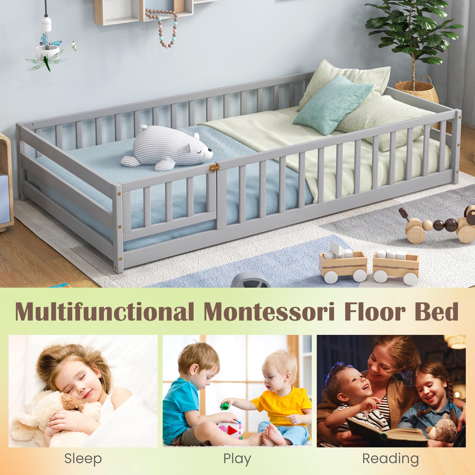 Giantex Twin Floor Bed with Door & Fence, Kids Wood Montessori Bed with Safety Guardrails