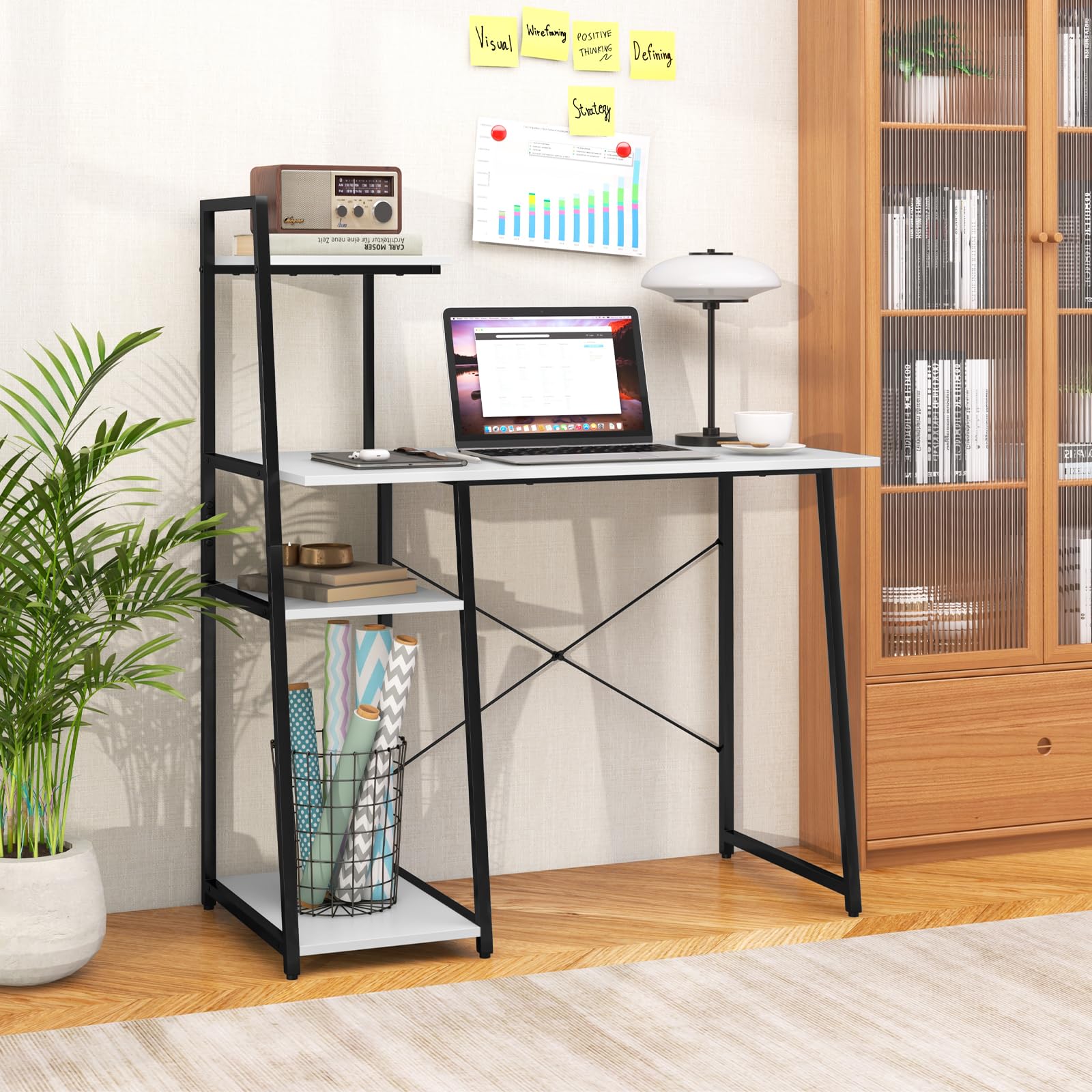 Giantex Computer Desk with Shelves, 47.5” Home Office Desk with Bookshelf, Host Stand