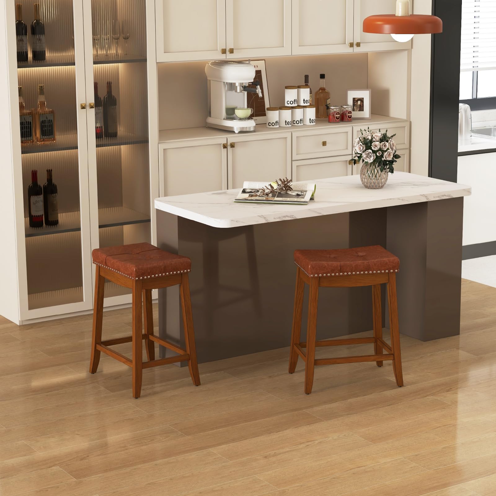 Giantex Bar Stools Set, 25" Counter Height Bar Stools w/Saddle Seat, Footrest, Rivet, Button Tufted, Rubber Wood Frame