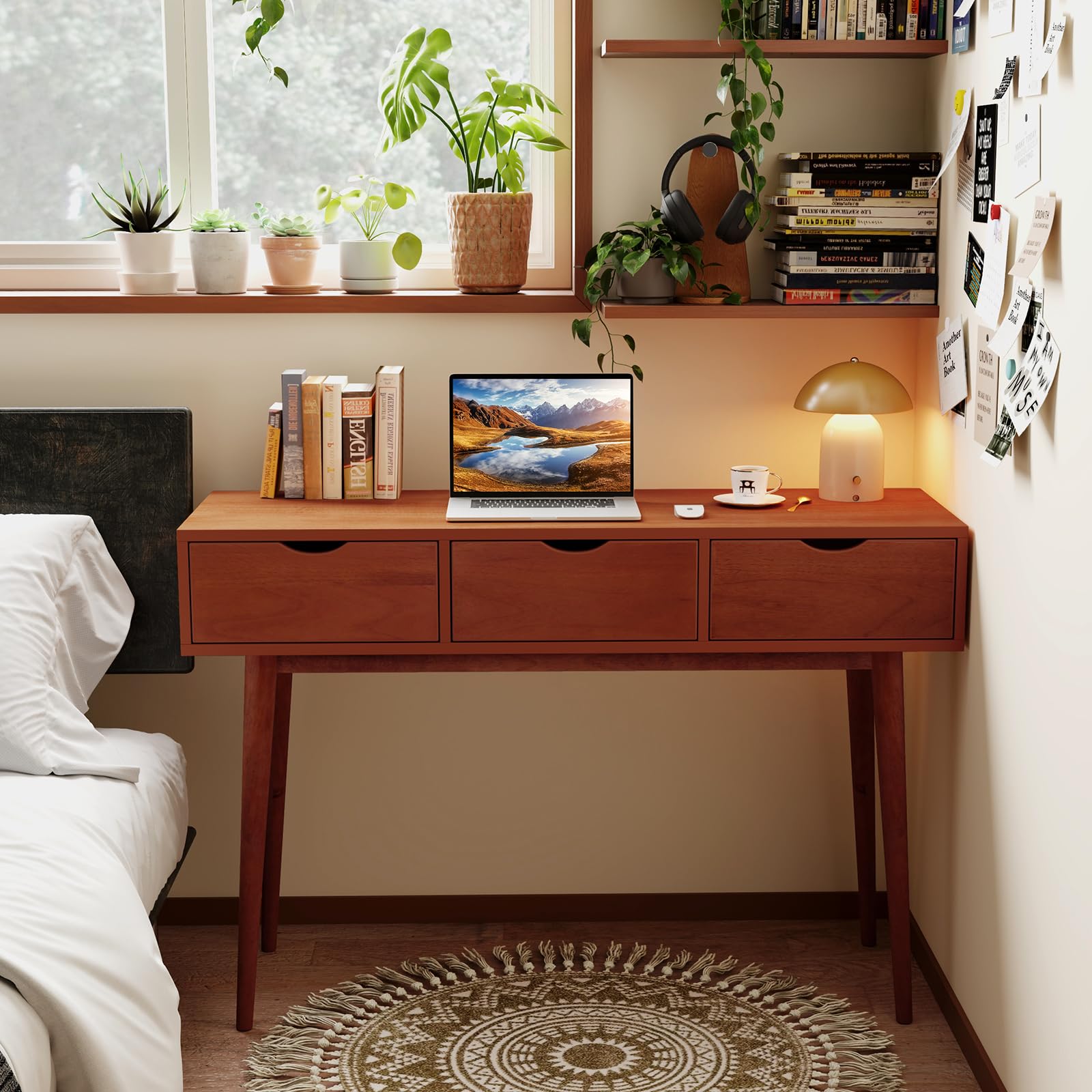 Giantex Writing Desk with 3 Drawers, 48" Computer Desk with Solid Wood Legs, Mid Century Modern Work Table