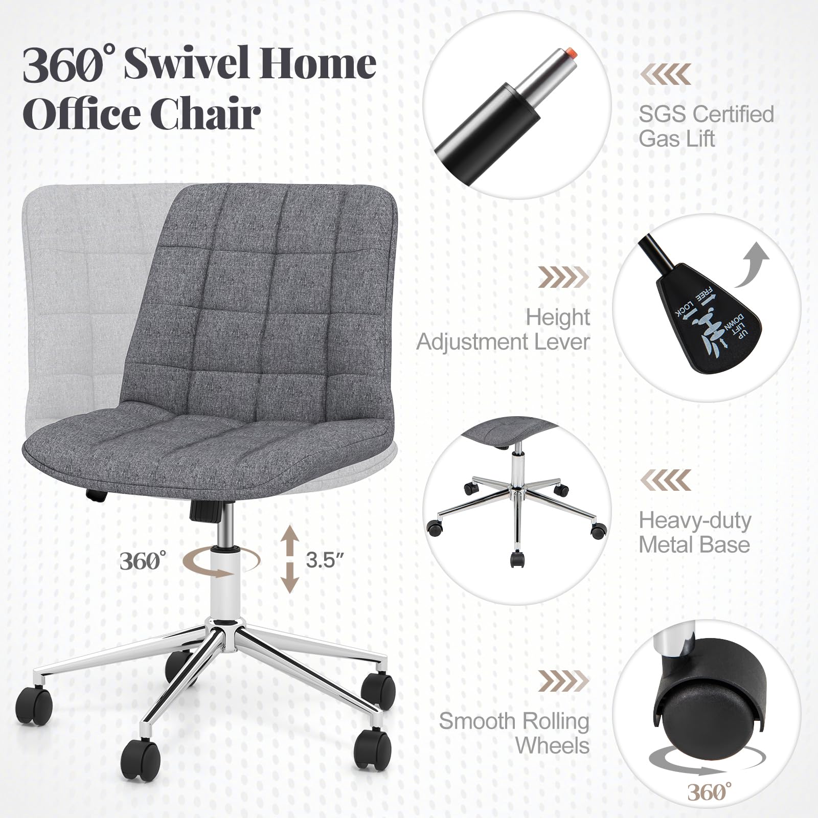 Giantex Armless Office Chair, Linen Fabric Vanity Chair with Wheels & Adjustable Height, 360° Rolling Swivel Task Computer Chair