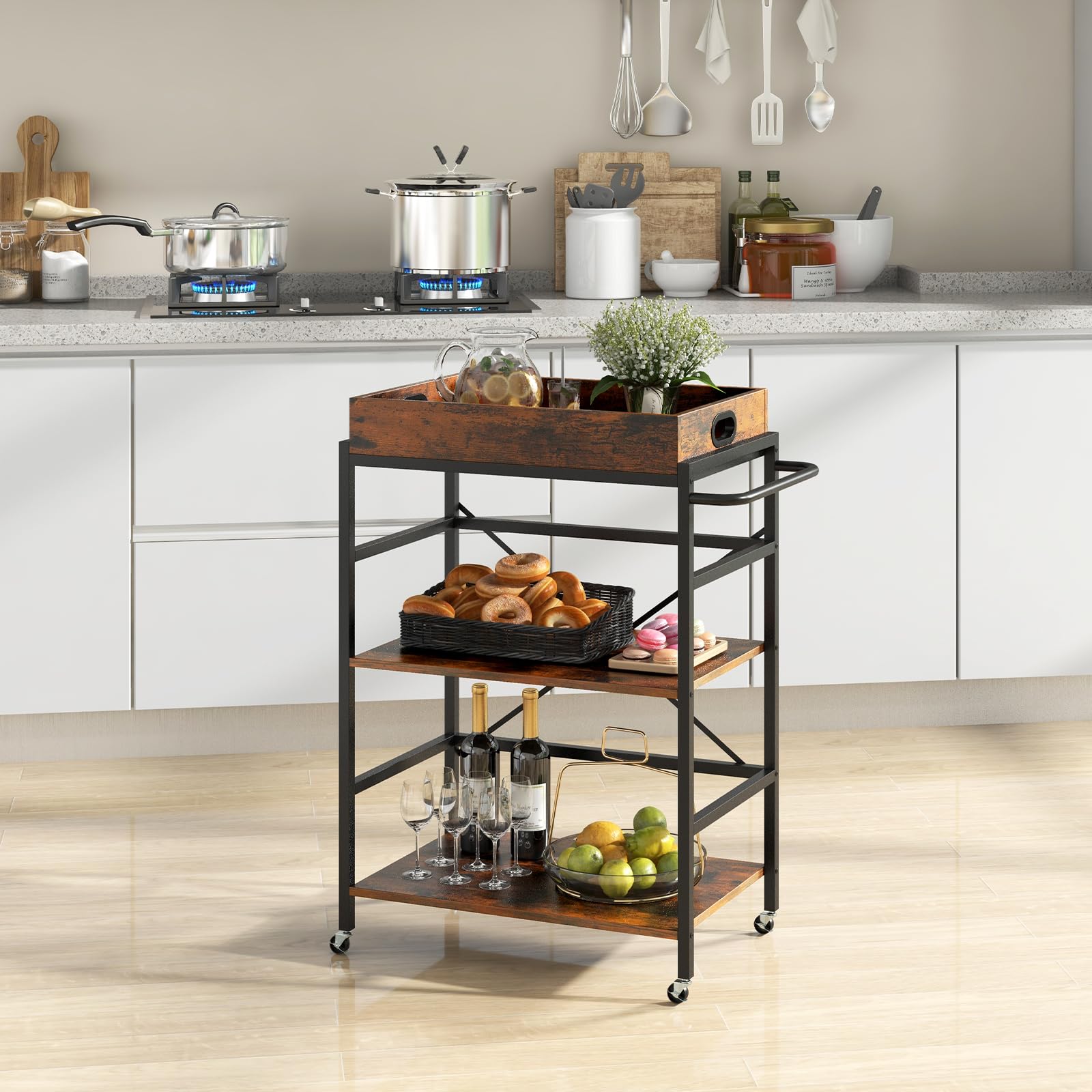 Giantex Rolling Bar Cart, 3-Tier Serving Cart with Removable Tray, 4 Lockable Universal Casters