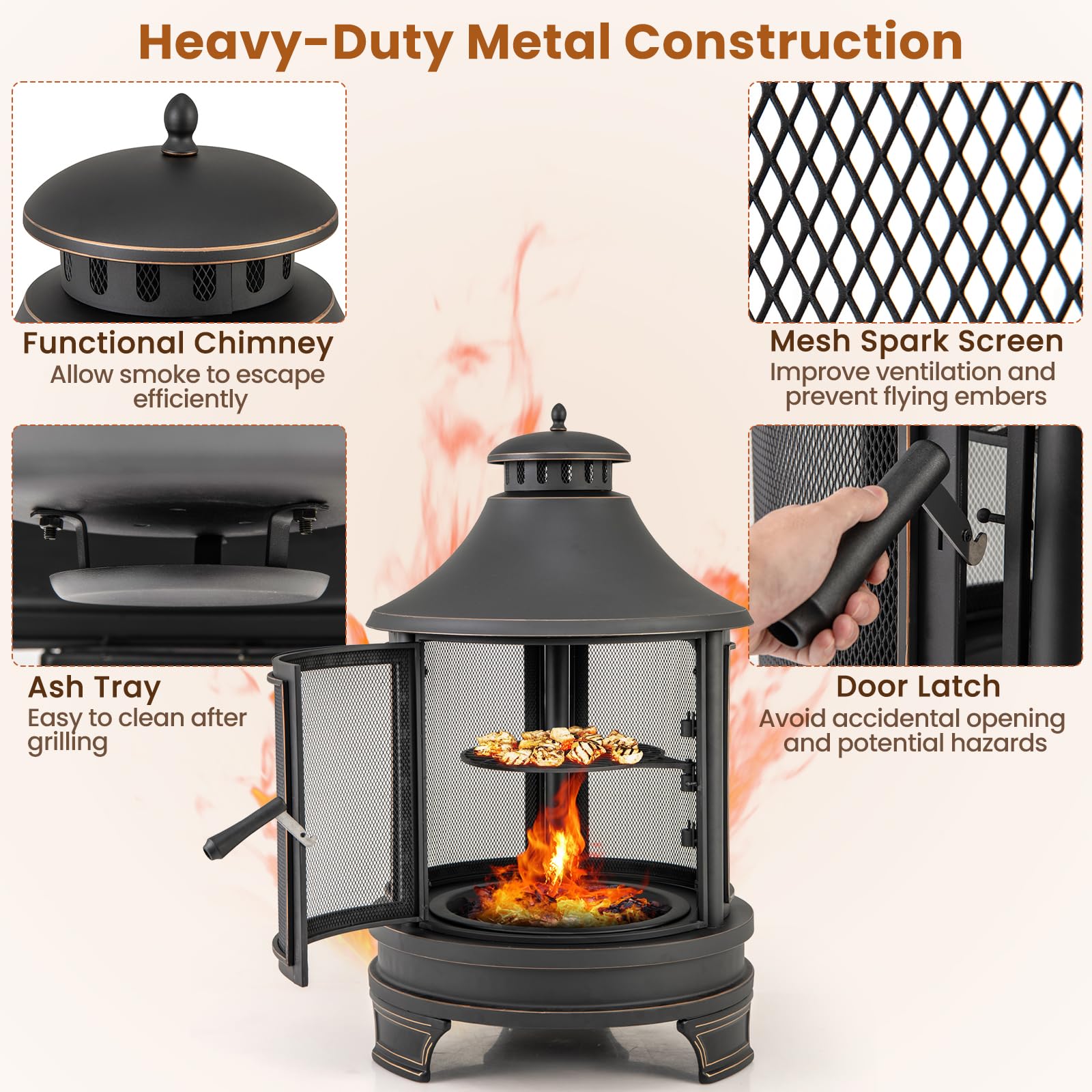 Giantex 2 in 1 Outdoor Fire Pit with Grill, 30 Inch Metal Chiminea, Wood Burning Fireplace with Chimney