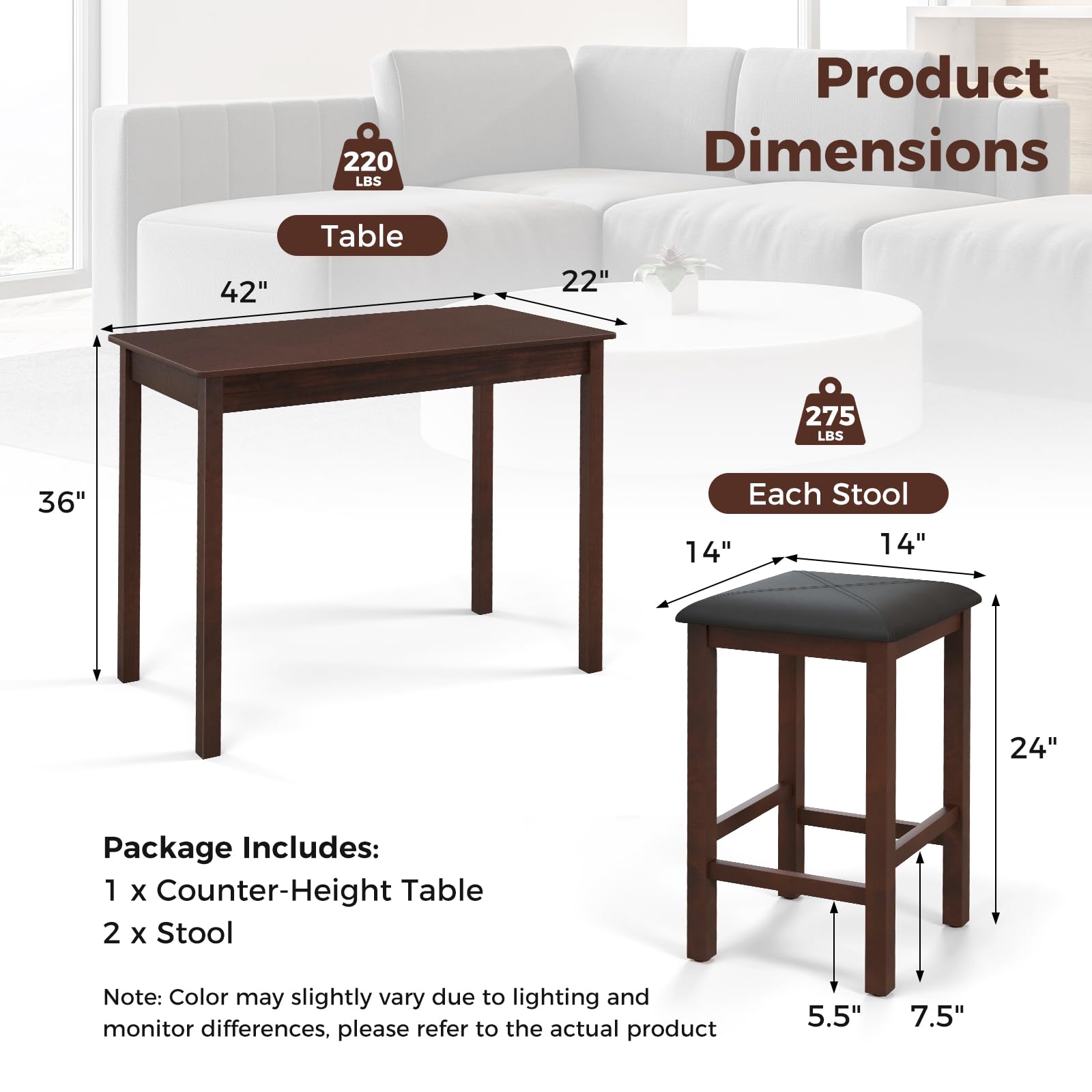 Giantex Dining Table Set for 2, Counter Height Dining Table Set with 2 Bar Stools, Wood Legs, Dinette Table Set