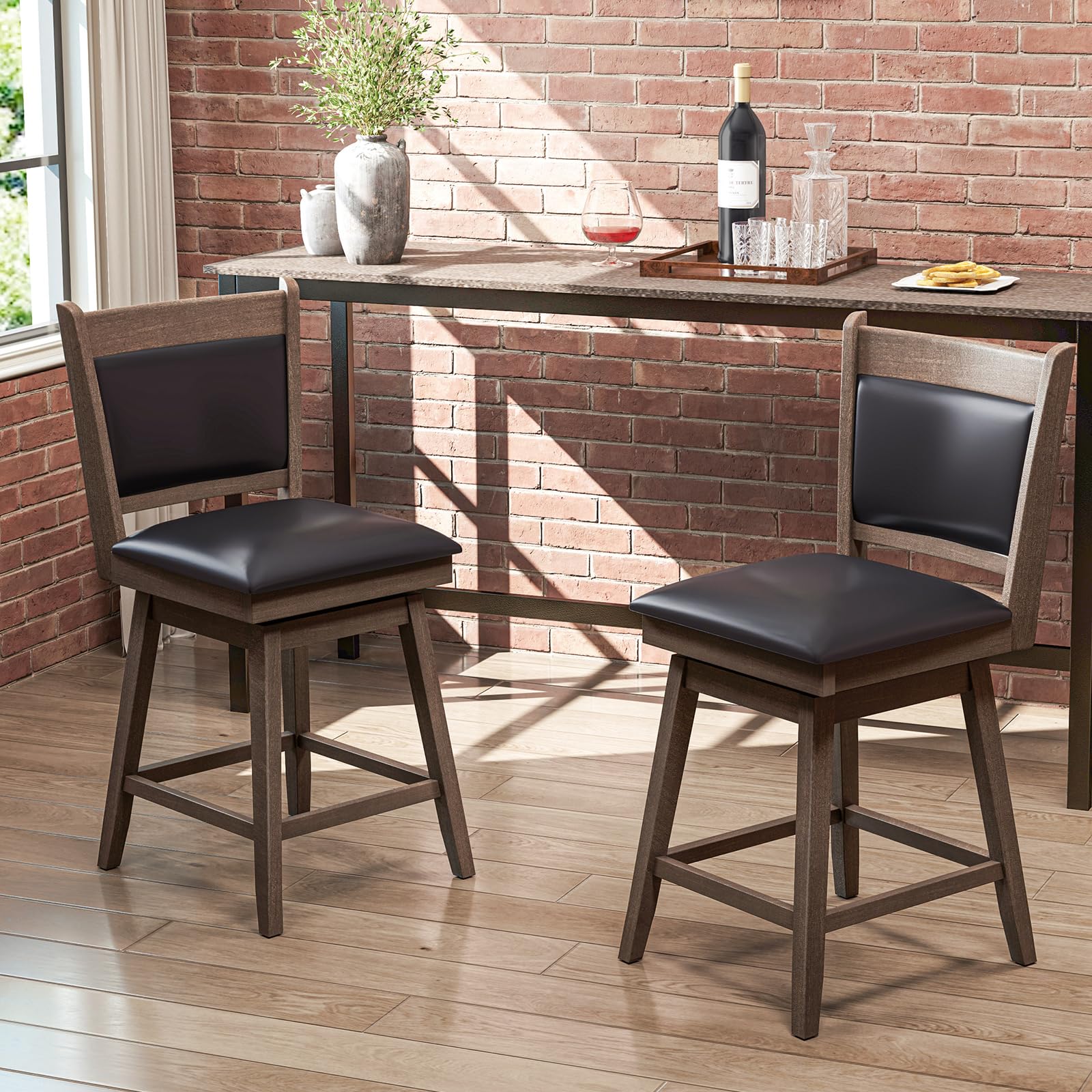 Giantex 25" Bar Stools Set, Upholstered Swivel Bar Chairs with Ergonomic Back