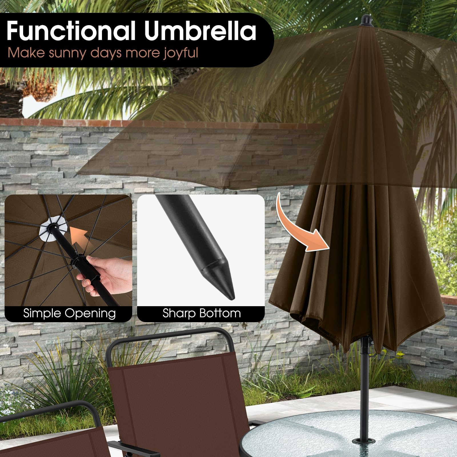 Giantex 6 Pieces Patio Dining Set, Folding Patio Chairs Set of 4, Tempered Glass Umbrella Table with Hole