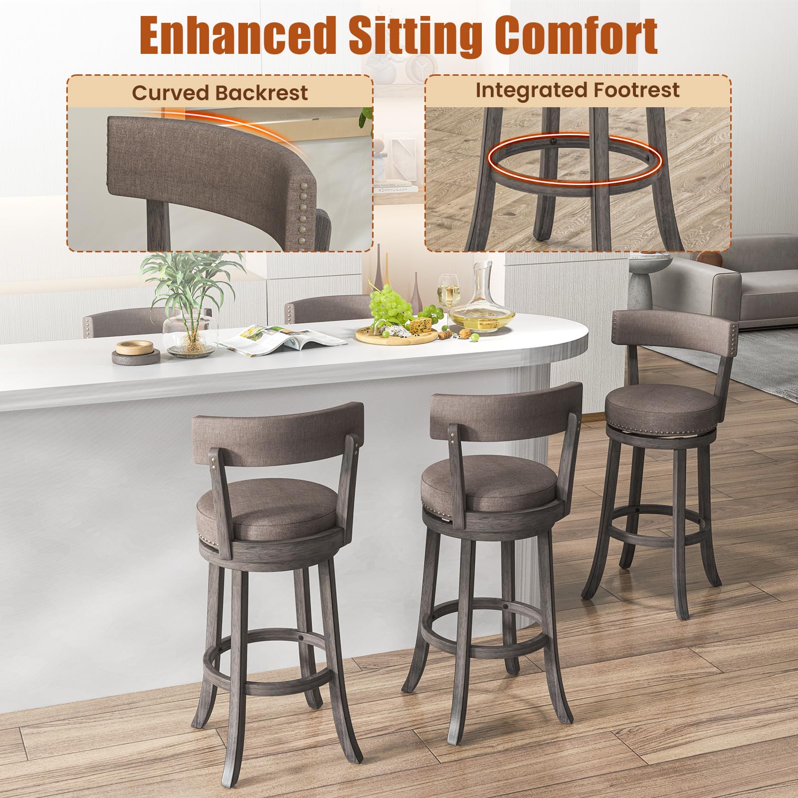 Giantex 31" Bar Stools Set, Swivel Bar Height Bar Chairs with Footrest, Rubber Wood Frame