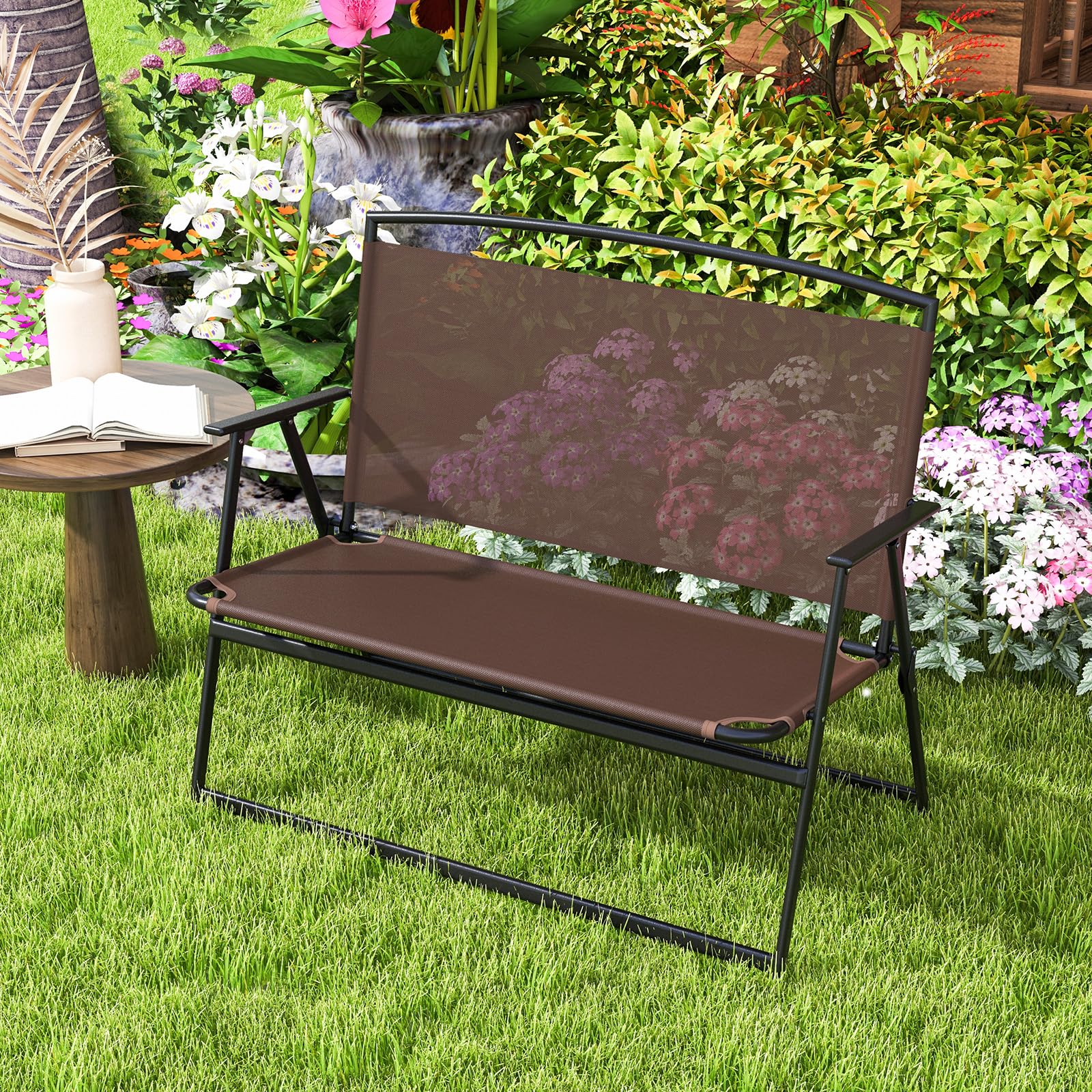 Giantex Outdoor Bench, Folding Garden Bench for 2 Persons, Patio Loveseat with Metal Armrests