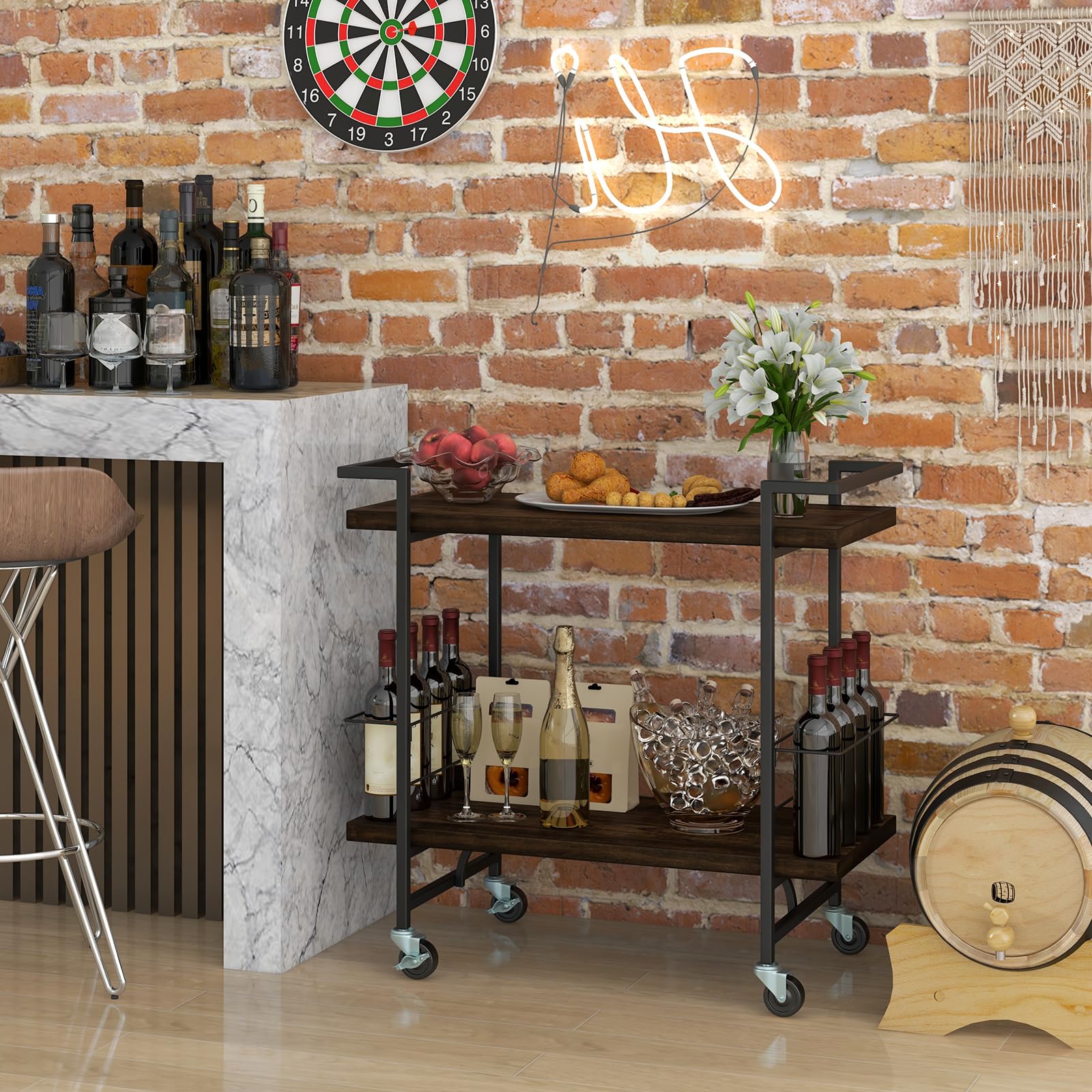 Giantex Bar Cart, 2-Tier Industrial Home Bar Serving Cart with Wheels