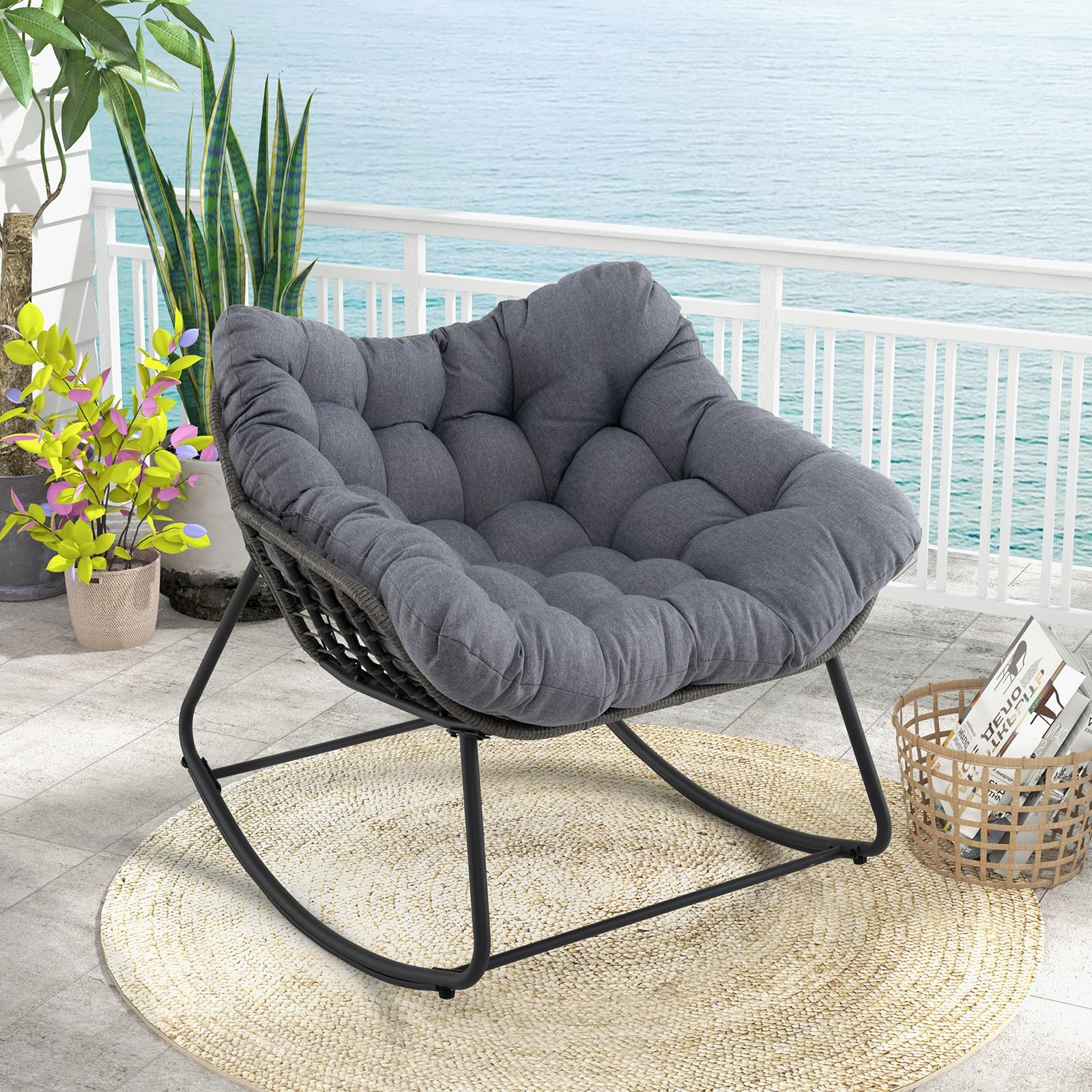 Giantex Outdoor Rocking Chair with Padded Cushion, Oversized Papasan Chair