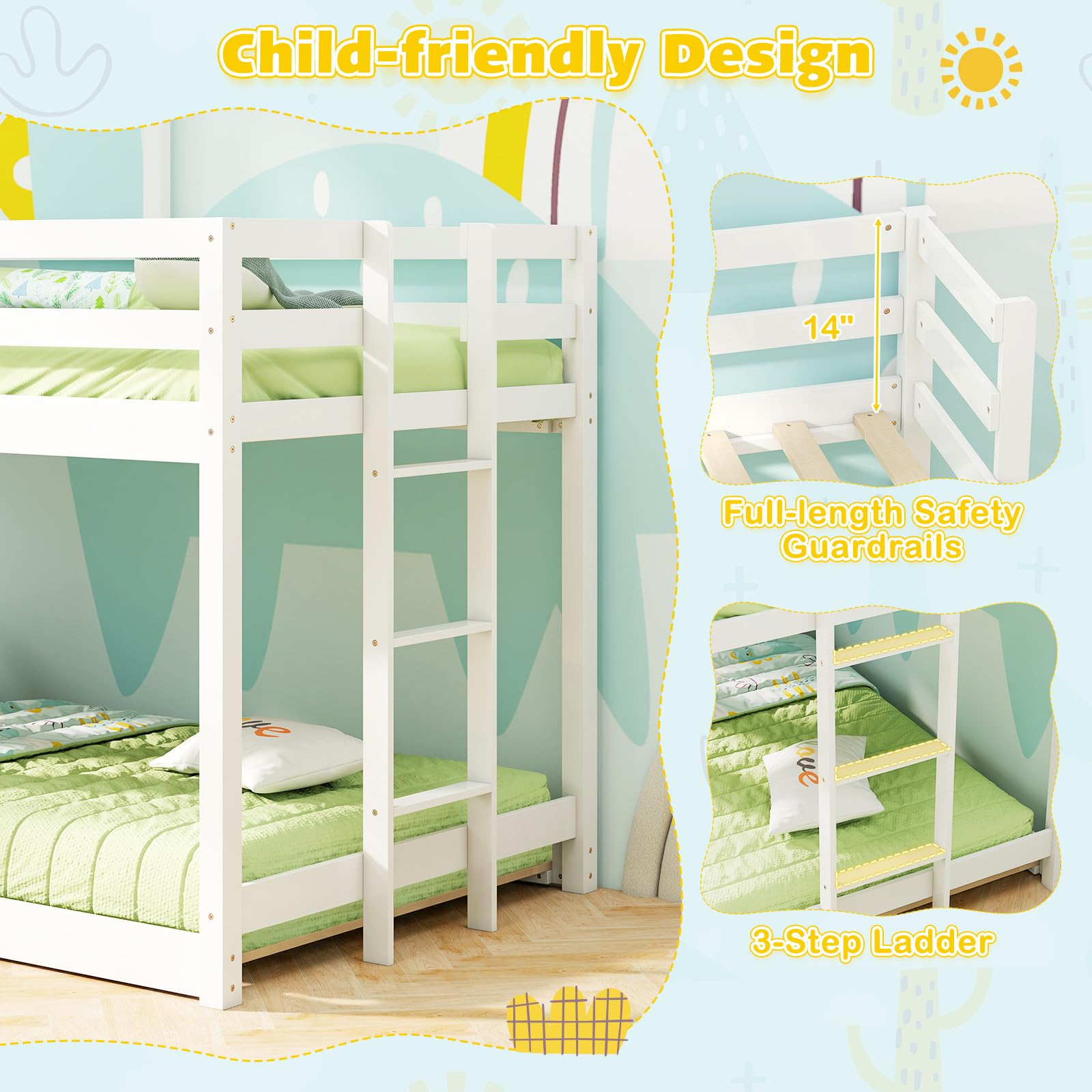 Giantex House Bunk Bed Twin Over Twin, Solid Wood Floor Bunk Bed with Built in Ladder, Window & Safety Guardrail