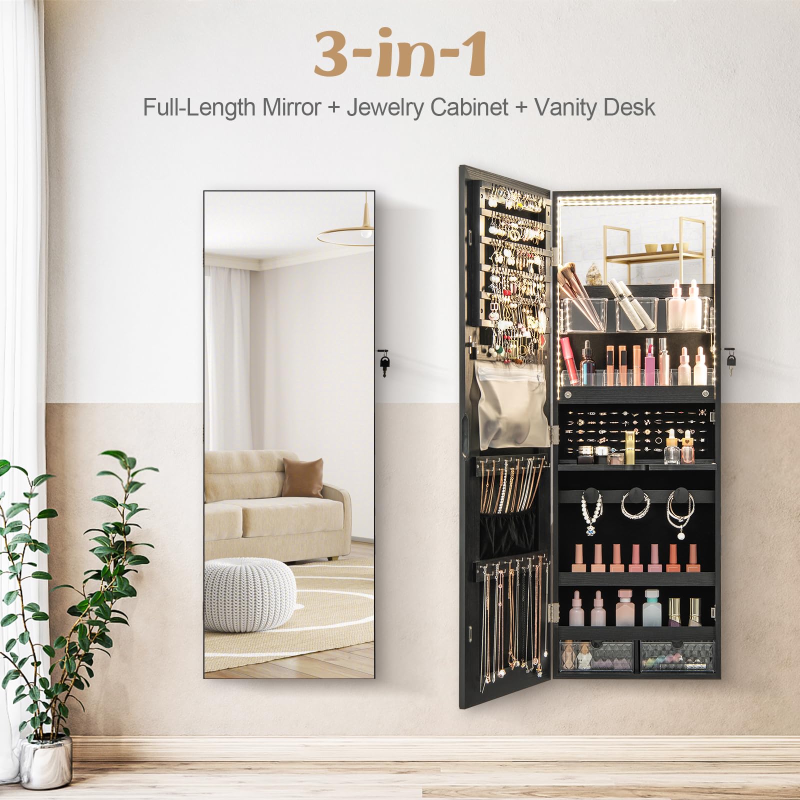 CHARMAID Mirror Jewelry Cabinet, Wall Mounted Door Hanging, Lockable Jewelry Armoire with Full Length Mirror