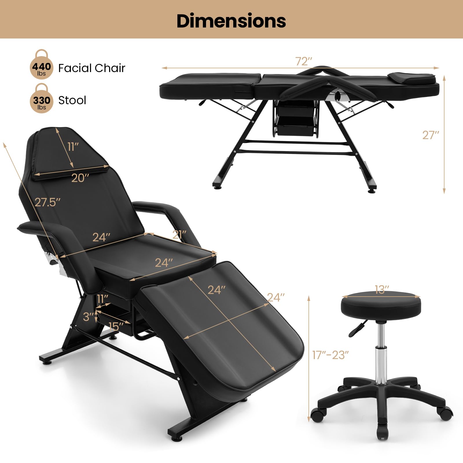 Giantex 72" Massage Bed with Hydraulic Stool, 3-Section Tattoo Chair with Adjustable Backrest, Legrest & Storage Boxes