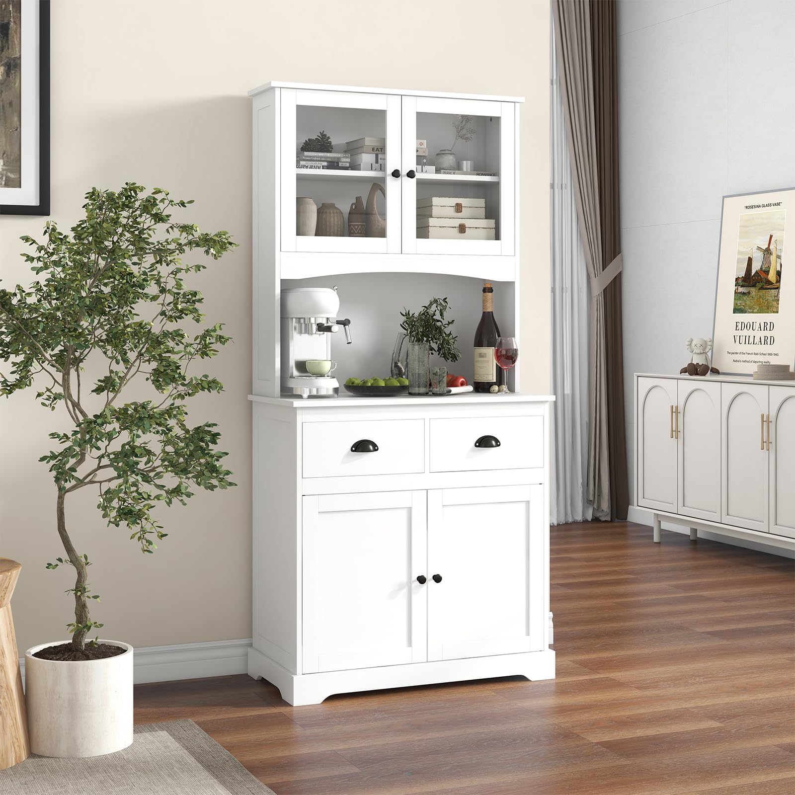 Giantex 67" Pantry Organizers, Freestanding Tall Buffet Cabinet with Hutch and 2 Drawers, Wooden Cupboard with Glass Doors