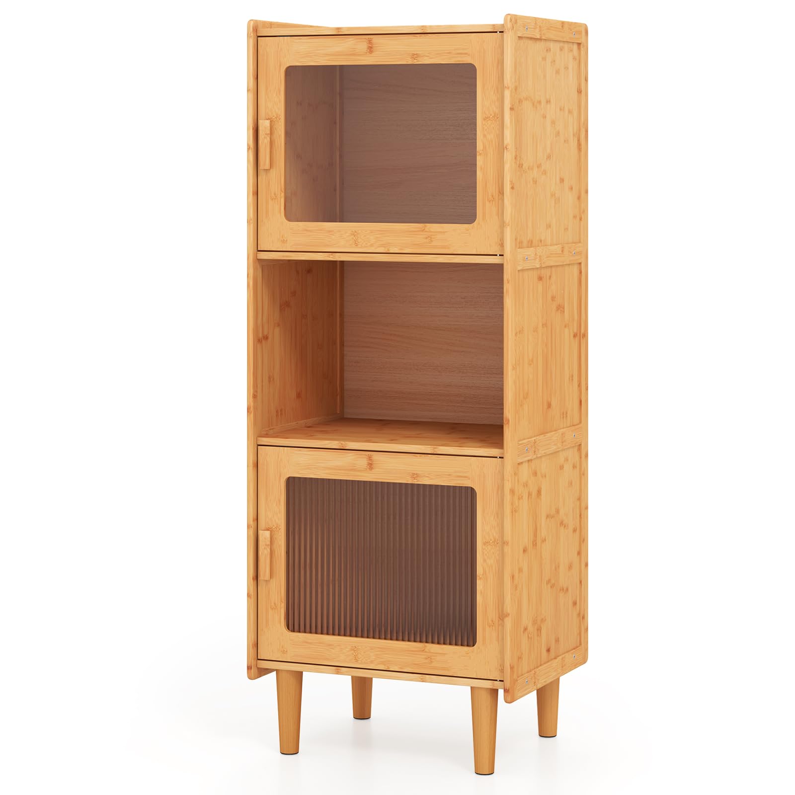 Giantex Bamboo Storage Cabinet, 3-Cube Bookcase, Freestanding Liquor Display Sideboard with 2 Single Doors