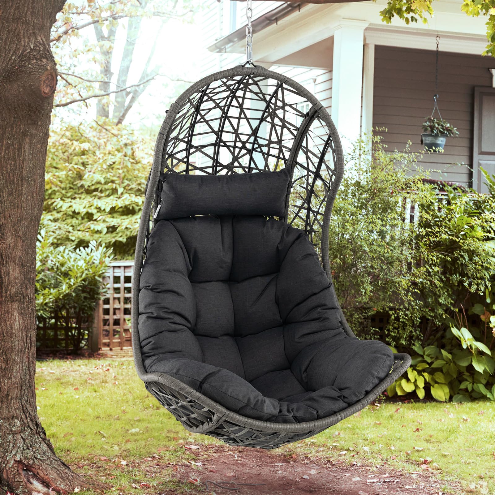 Giantex Swing Egg Chair Outdoor - PE Rattan Hammock Chair with Soft Pillow, Cushion, Metal Frame, Hanging Accessories