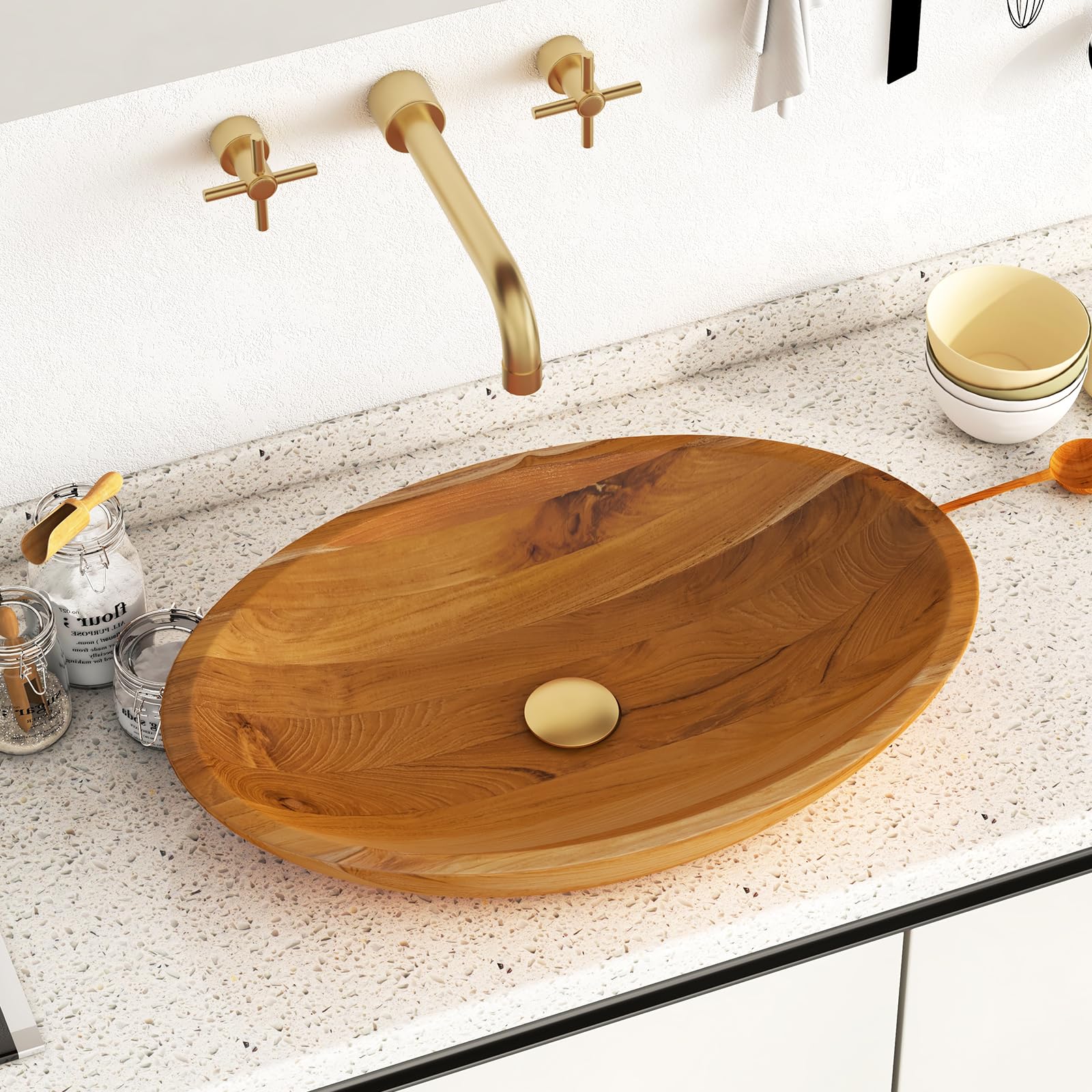 Giantex Teak Wood Vessel Sink - Bathroom Washbasin with Smooth Finish, No Assembly Art Basin (23.5” x 16” x 4.5”)