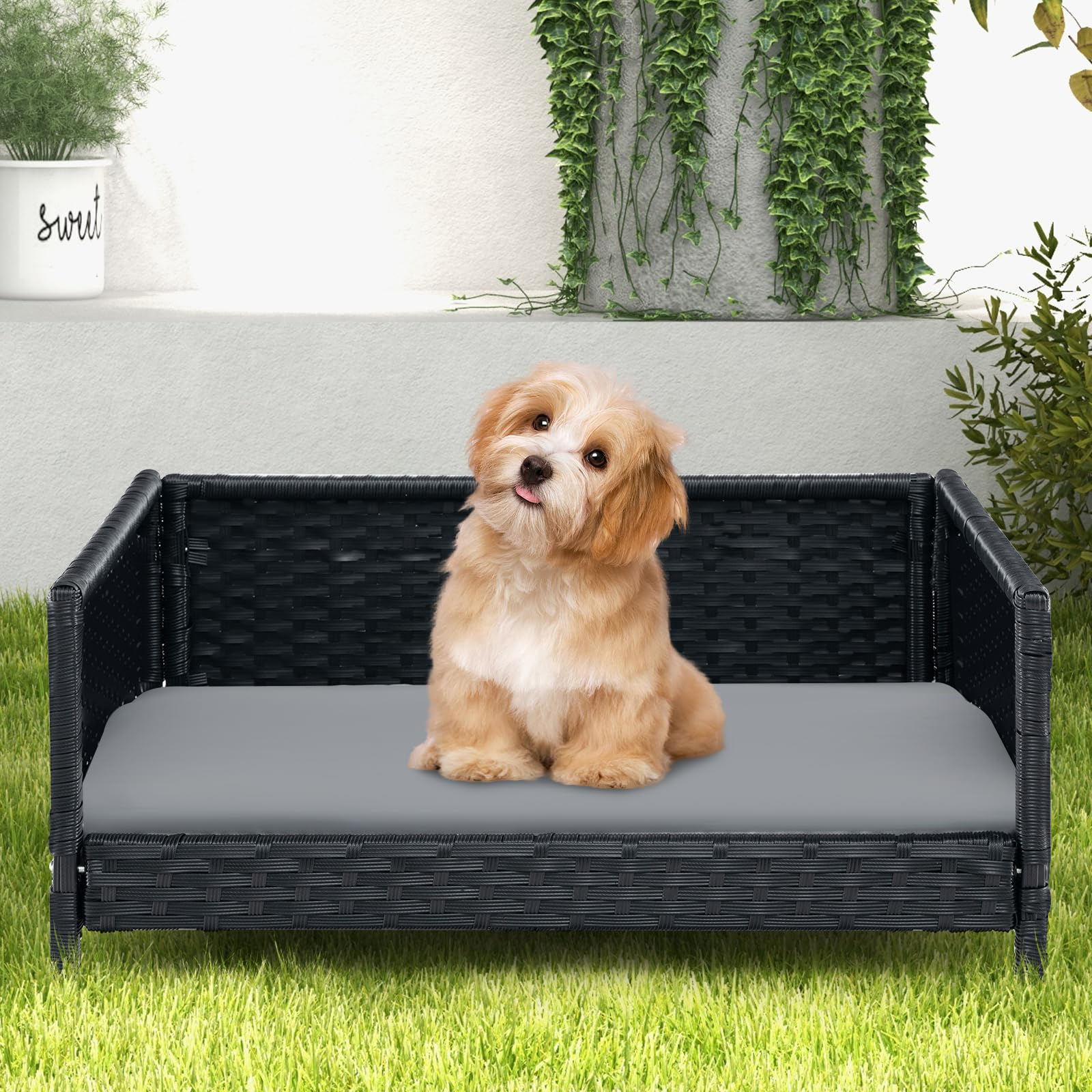 Giantex Wicker Dog Bed, Raised Woven Rattan Pet Bed Sofa Couch w/Waterproof & Washable Cushion