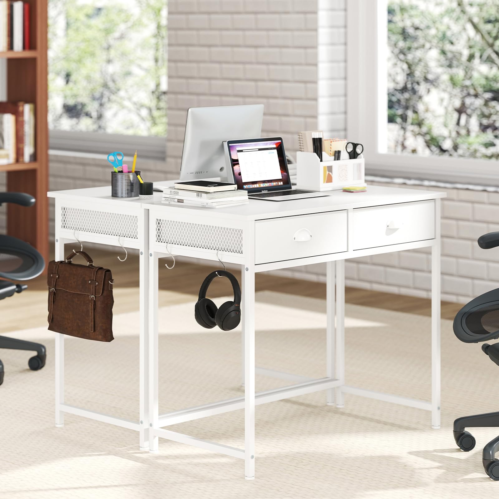 Giantex Small Computer Desk with Fabric Drawers, 36 Inch Home Office Desk with 4 Hanging Hooks & Metal Frame