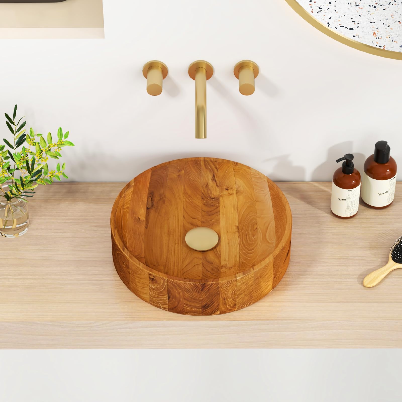 Giantex Teak Wood Vessel Sink - Bathroom Washbasin with Smooth Finish, 2.5” Drain Hole for 1 5/8" Drainage (16” x 16” x 4”)