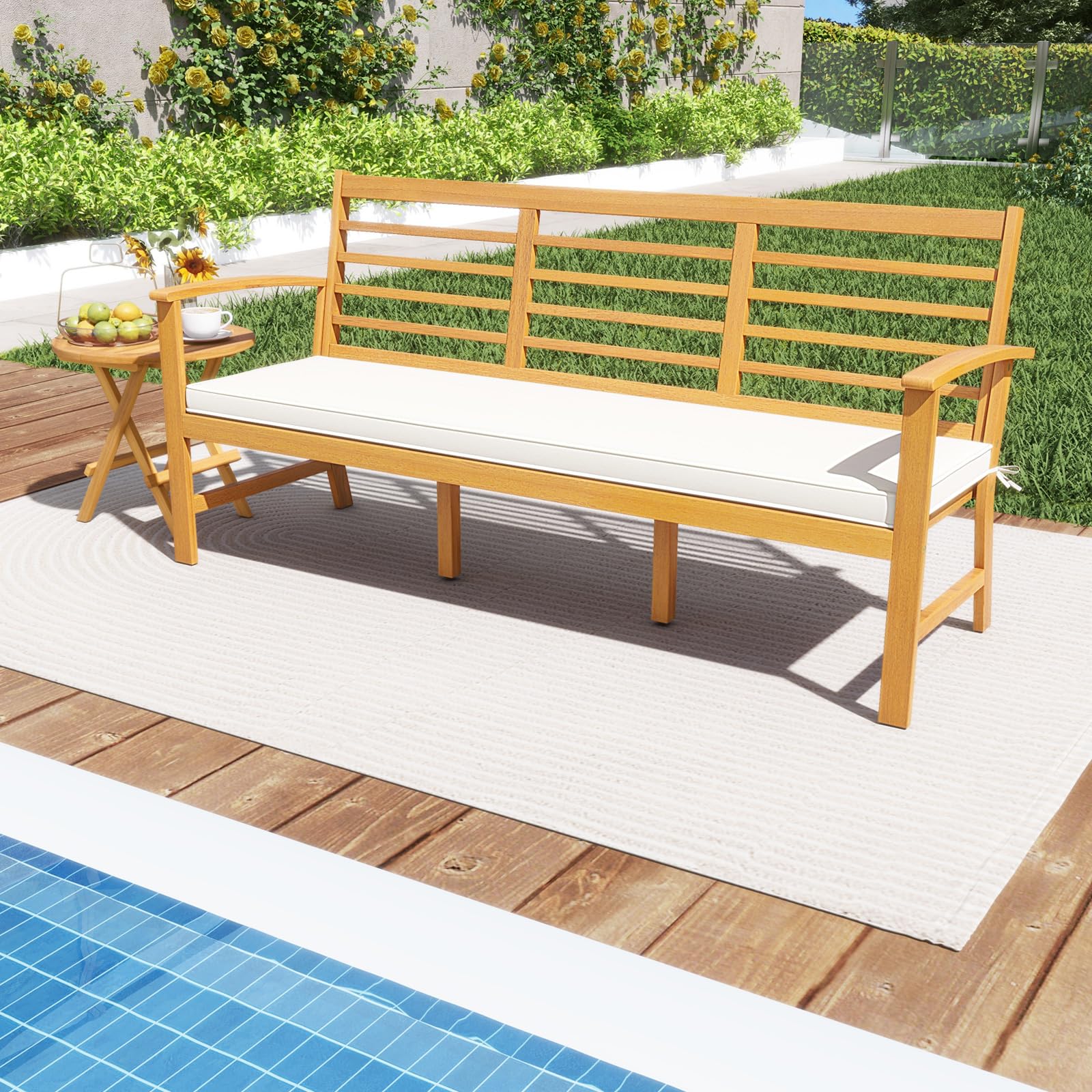 Giantex Acacia Wood Outdoor Bench, 3-Seat Patio Bench with Removable Cushion