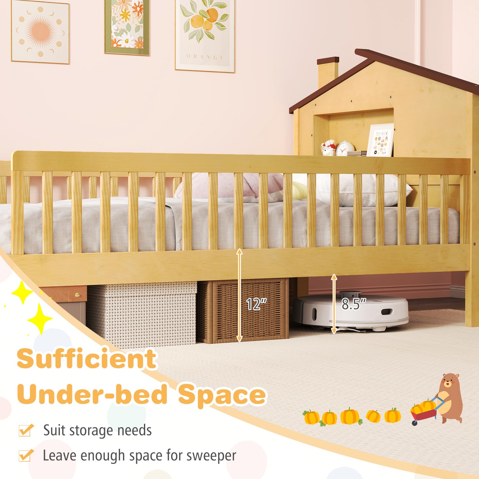 Giantex Twin Bed Frames for Kids, Solid Wood Montessori Bed with House-Shaped Headboard & Built-in Storage Shelf