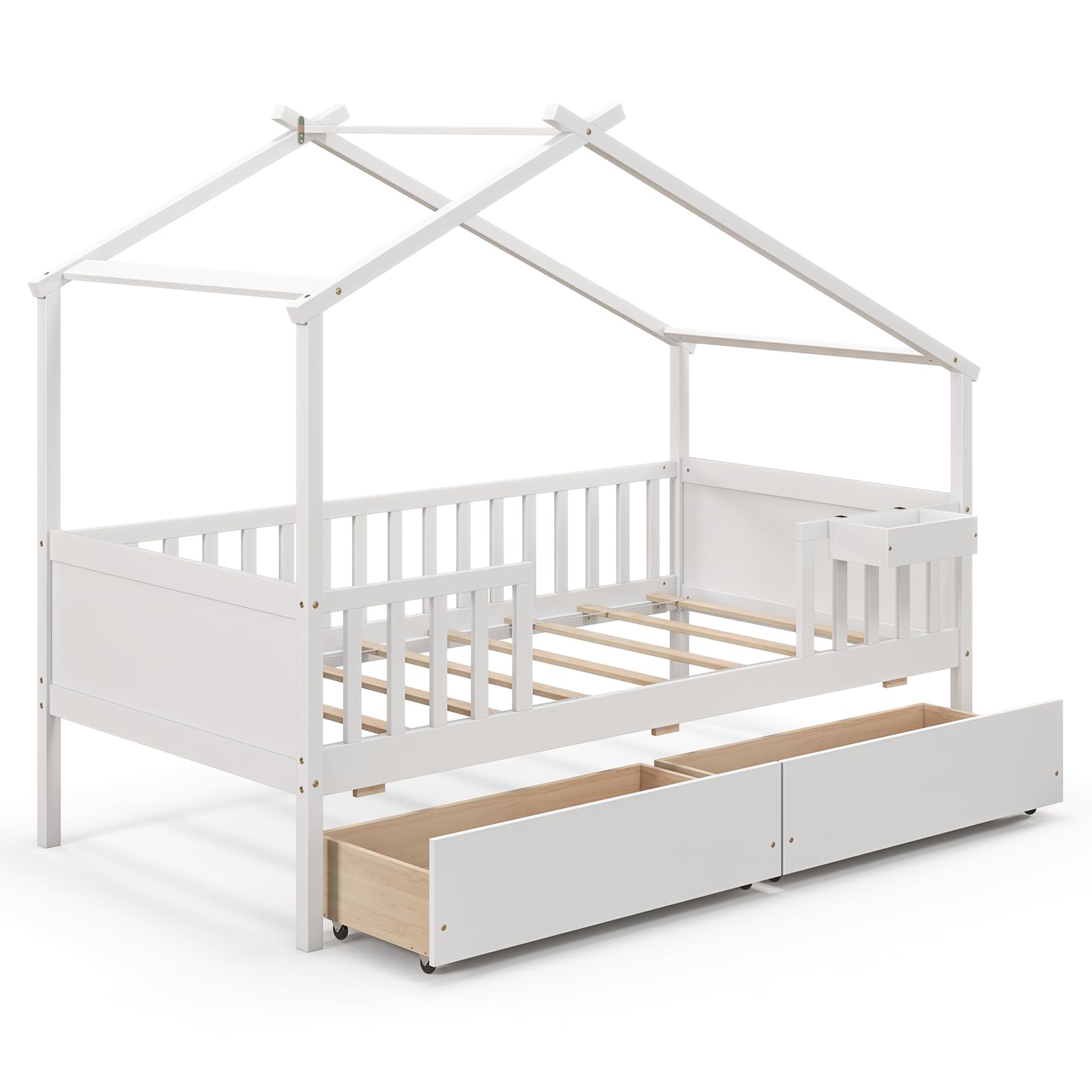 Giantex Twin House Bed with Drawers, Wooden Twin Bed Frame with Cube Storage & Fence Rails