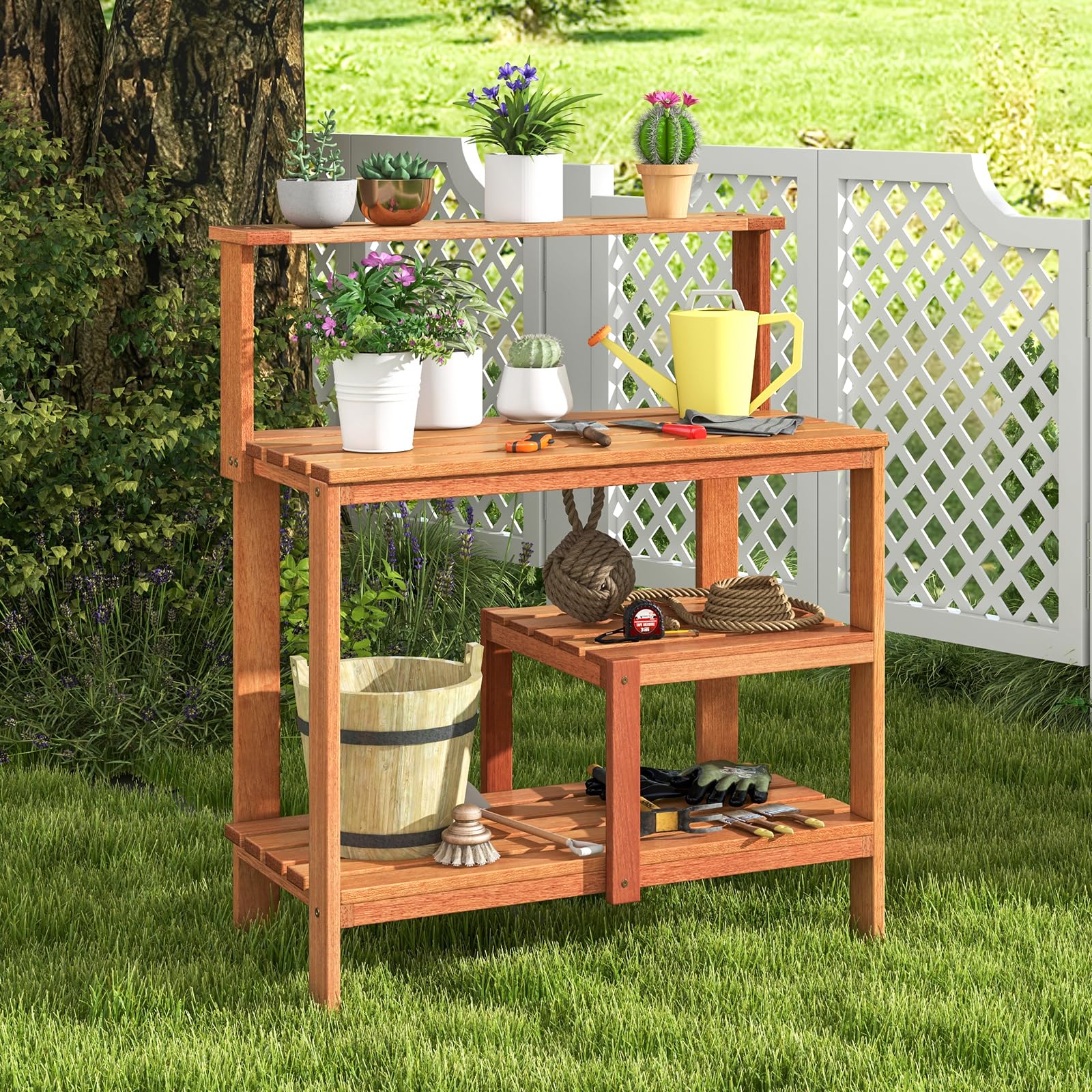 Giantex 4-Tier Potting Bench, Solid Wood Gardening Workstation w/Open Storage Shelves