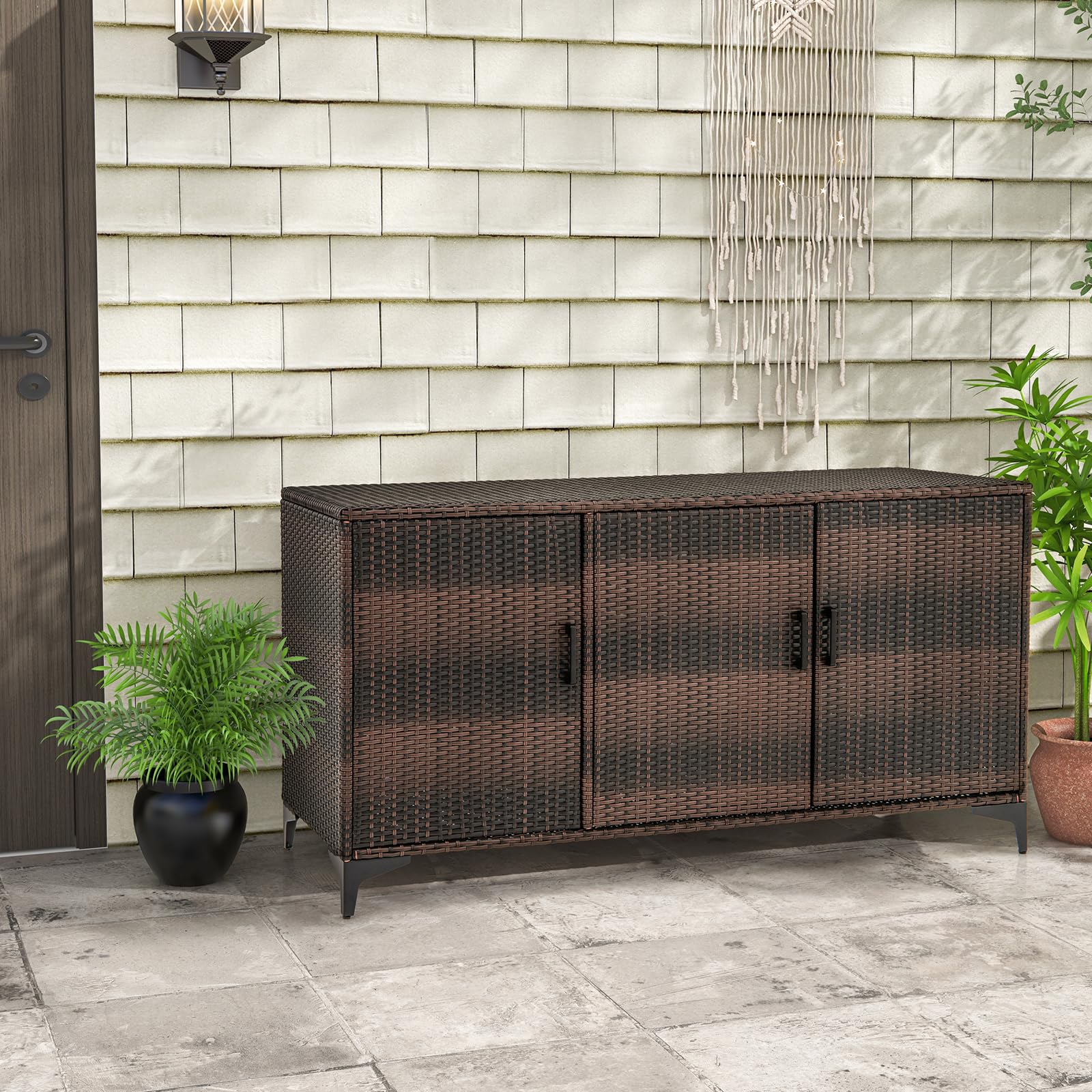 Giantex 84-Gallon Wicker Deck Box - Patio Storage Cabinet, 3-Door PE Rattan Storage Container with Removable Shelves