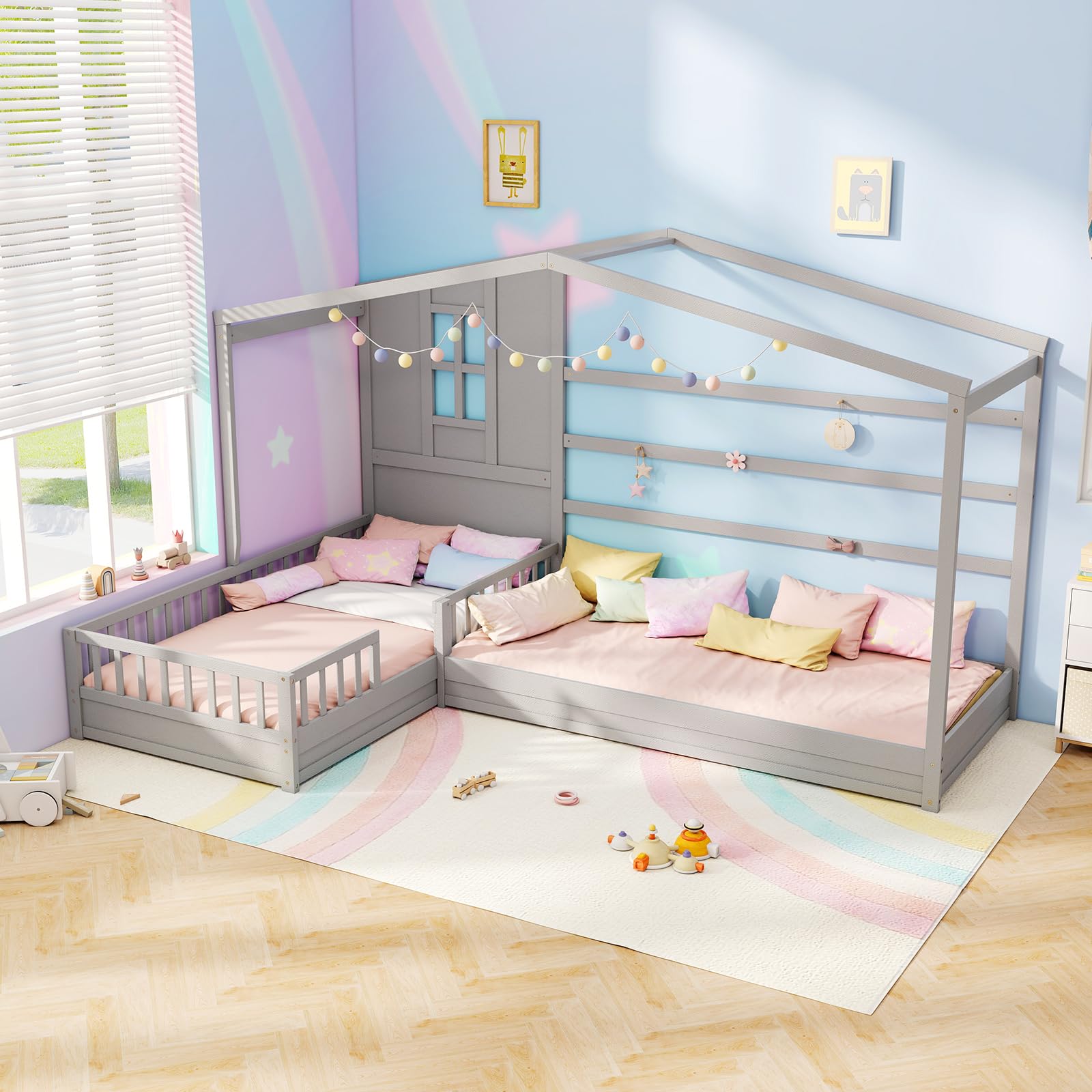 Giantex Double Twin Beds for Kids, House L-Shaped Platform Beds with Window & Fences