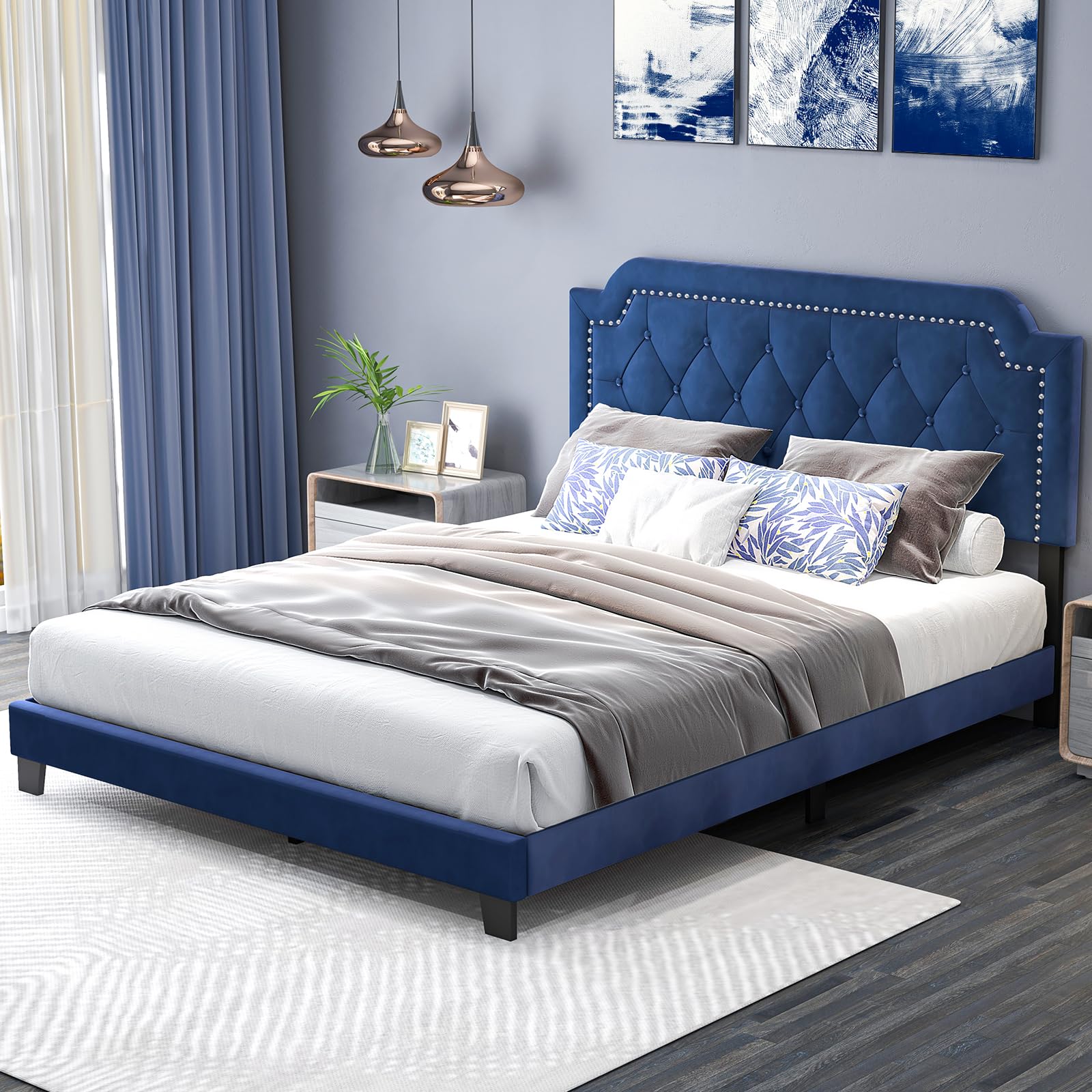 Giantex Velvet Queen Size Bed Frame, Upholstered Platform Bed with Button Tufted & Nailhead Trim Headboard