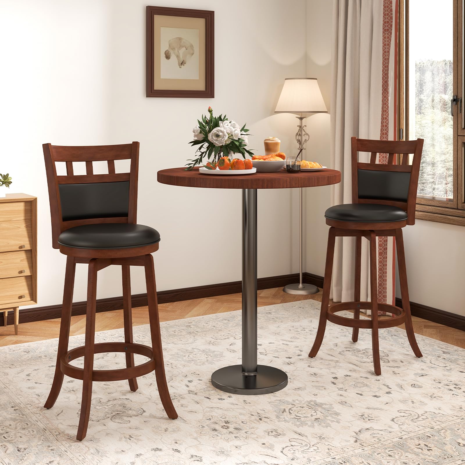 Giantex Wood Bar Stools Set, 31" Swivel Bar Height Barstools w/Back, Rubber Wood Frame