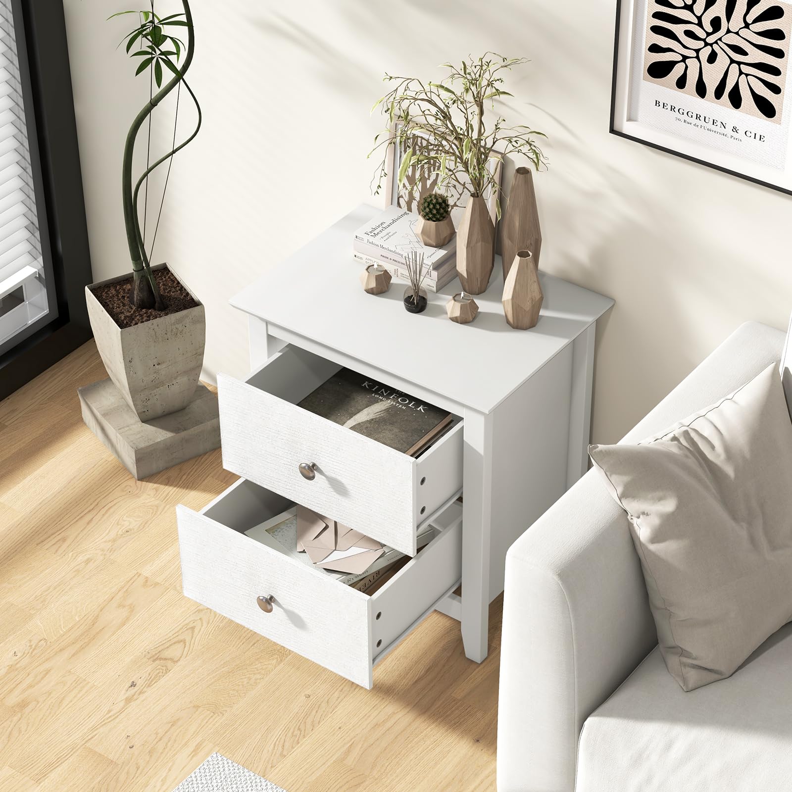 Giantex White Nightstand, Modern 2 Drawers Night Stand with Handles, Sofa Side Table with Sturdy Legs for Small Spaces