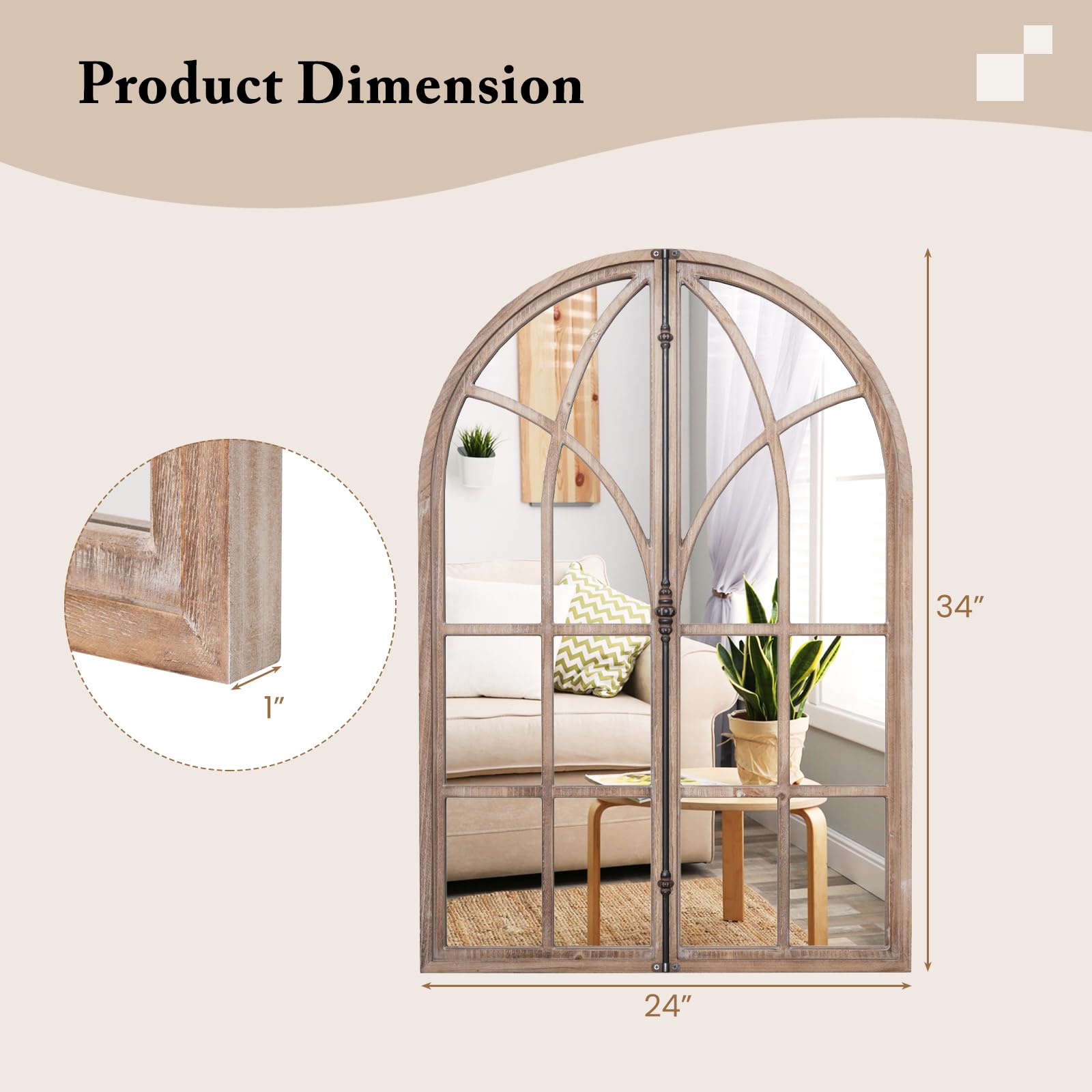 CHARMAID Farmhouse Arched Window Mirror - 34"x23" Arch Mirror Wall Decor