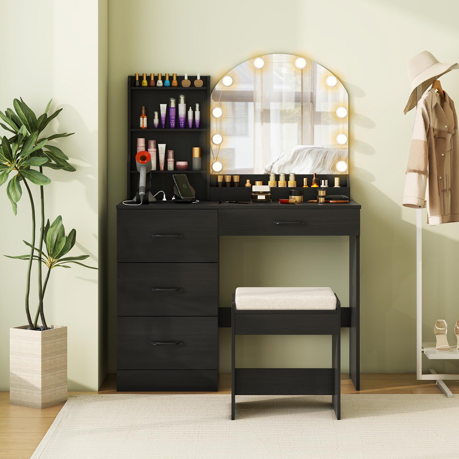 Vanity Desk with Lights - Makeup Vanity Table with Charging Station, 4 Drawers, 3 Storage Shelves