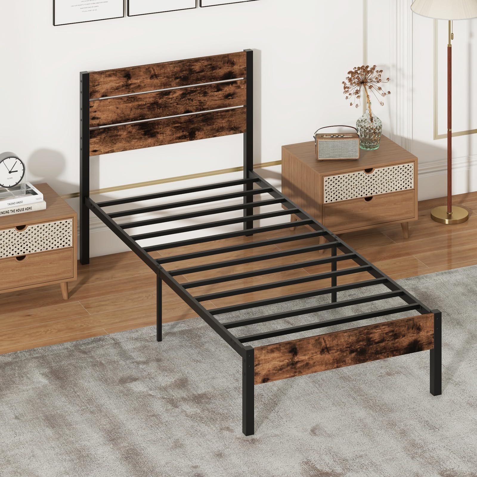 Giantex Metal Platform Bed Frame, Industrial Bed Frames with Wood Headboard