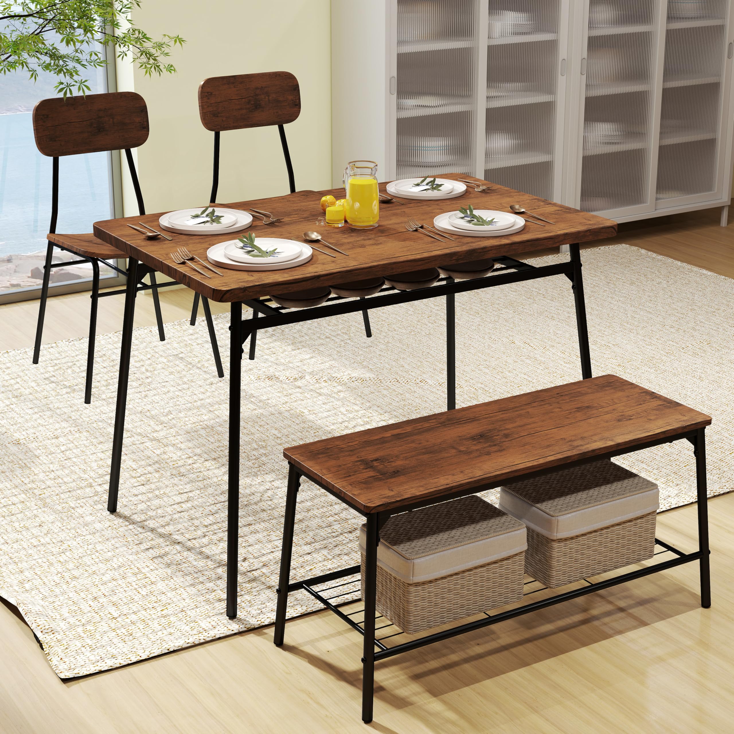 Giantex Dining Table Set for 4, Kitchen Table with Bench & 2 Chairs, Storage & Metal Frame